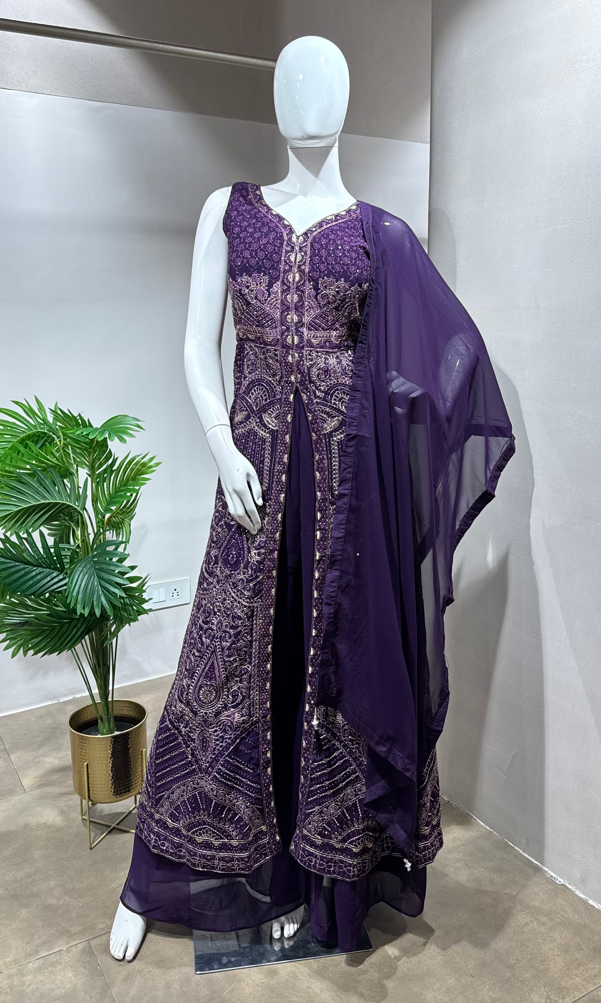 PURPLE FRONT SLIT ANARKALI WITH PALAZZO PANTS