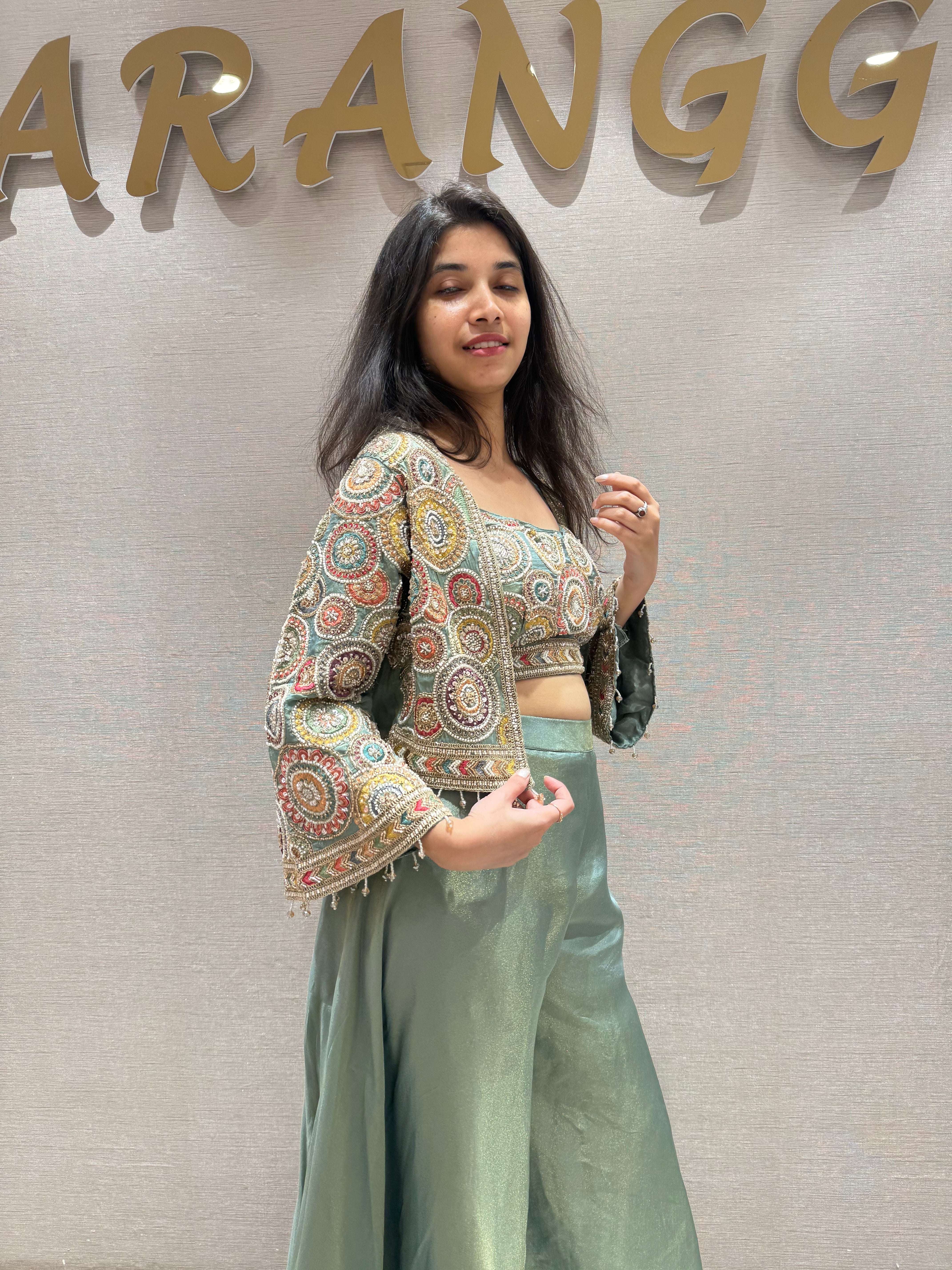 Green EMBROIDERED palazzo WITH JACKET