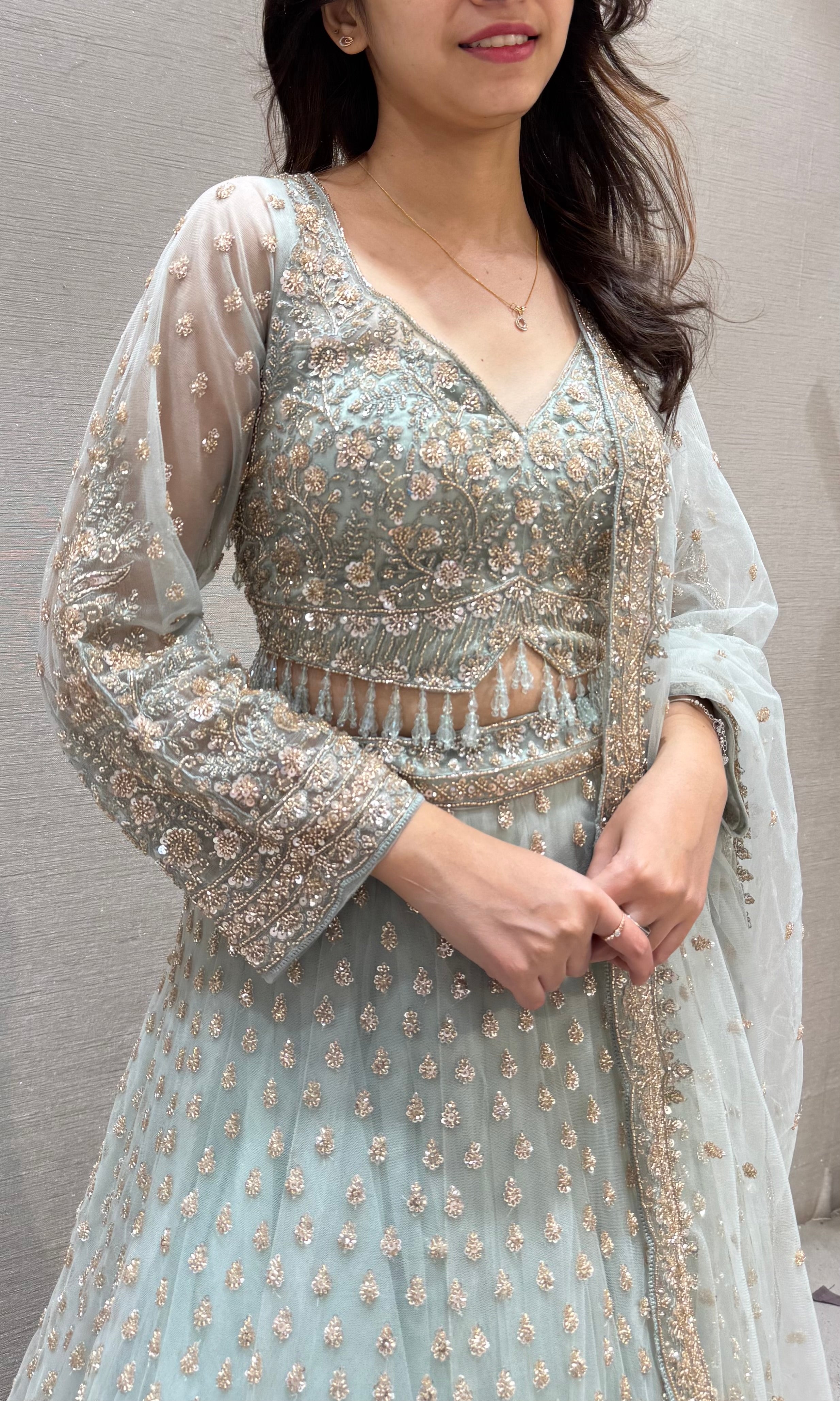 Green intricate embroidered Lehenga