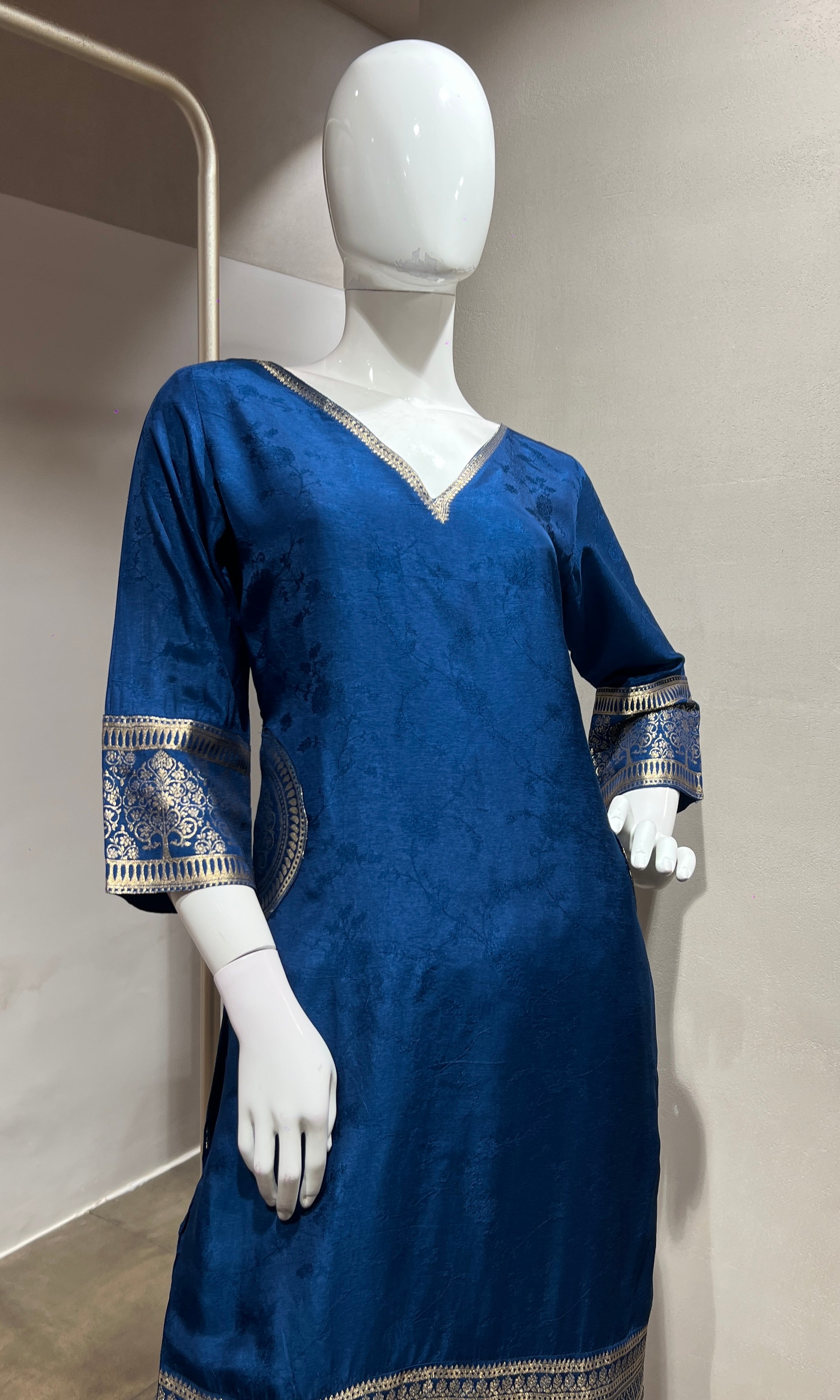 Peacock Blue Silk Straight Kurta Set with Gold Border