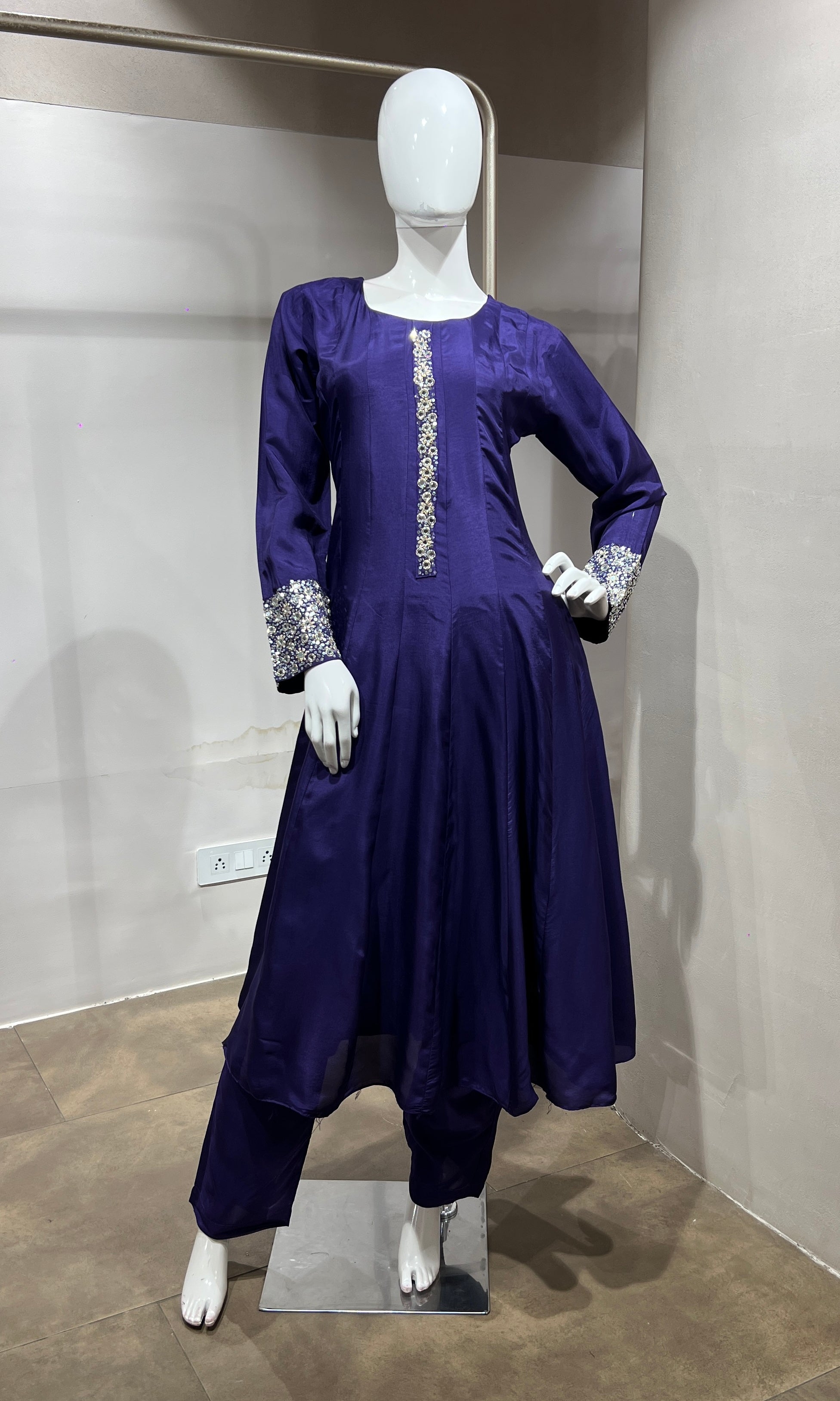 PURPLE Straight Kurta Set with Mirror Embroidery