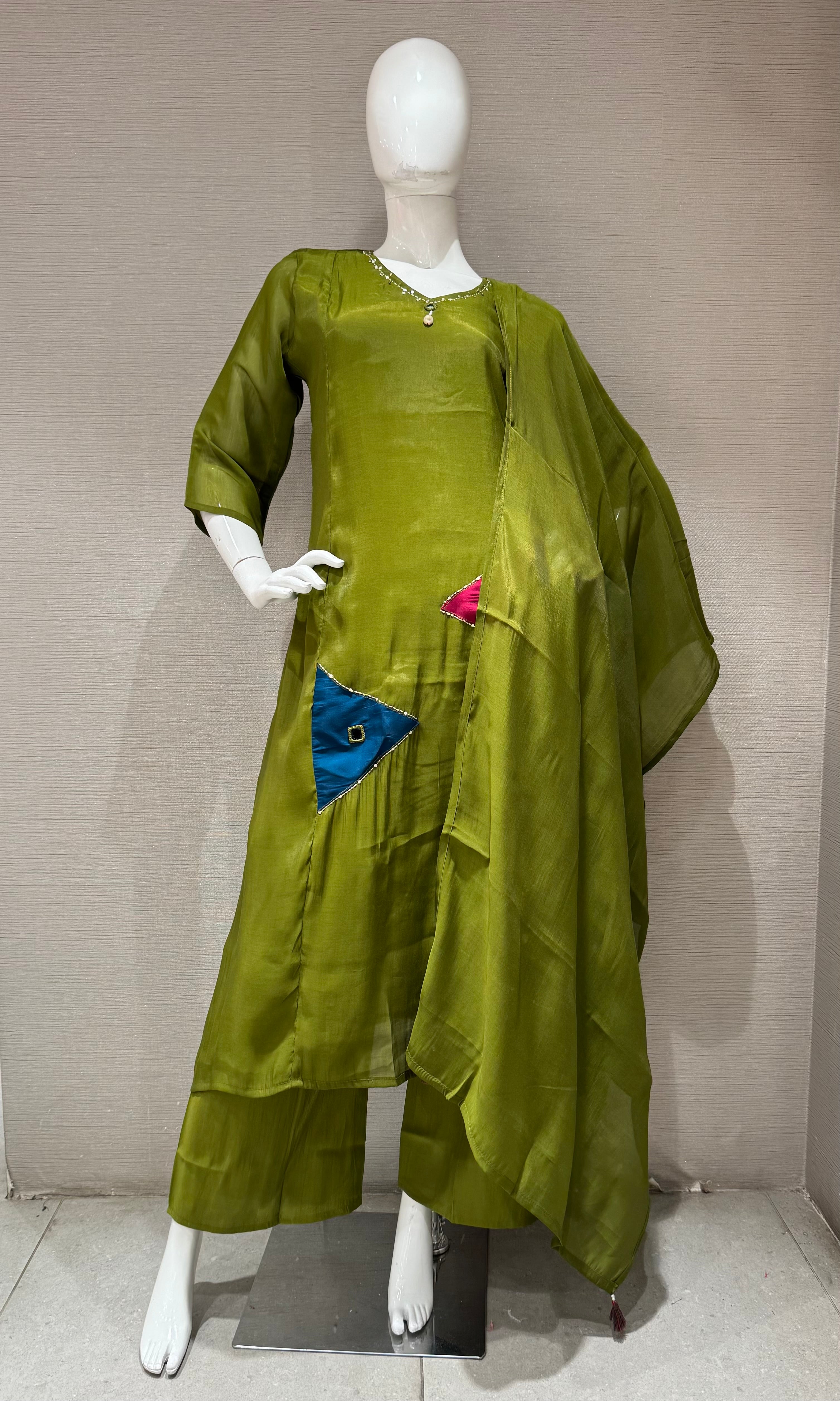 Olive Green Embroidered Kurta Set with Sheer Overlay