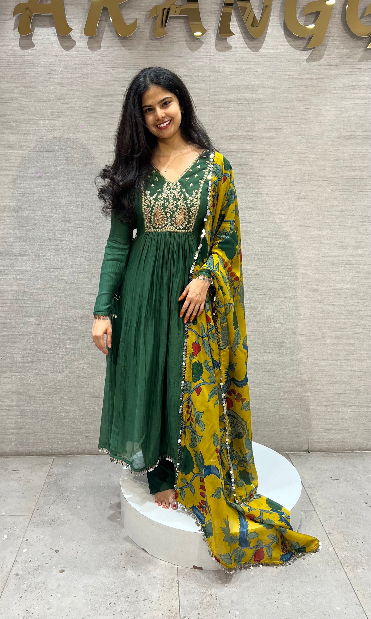 Green mul chanderi Kurta Set with Floral Dupatta