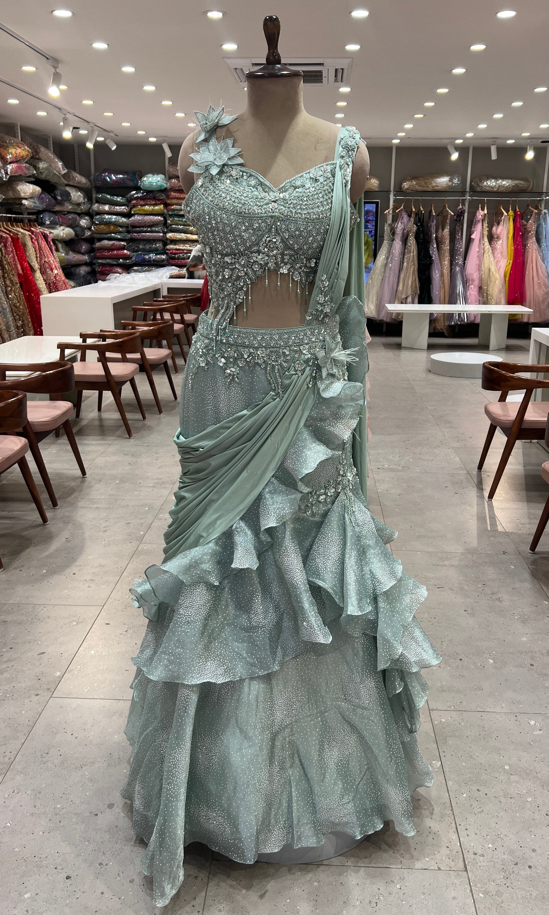 Pista green RUFFLES Lehenga WITH FLORAL BLOUSE