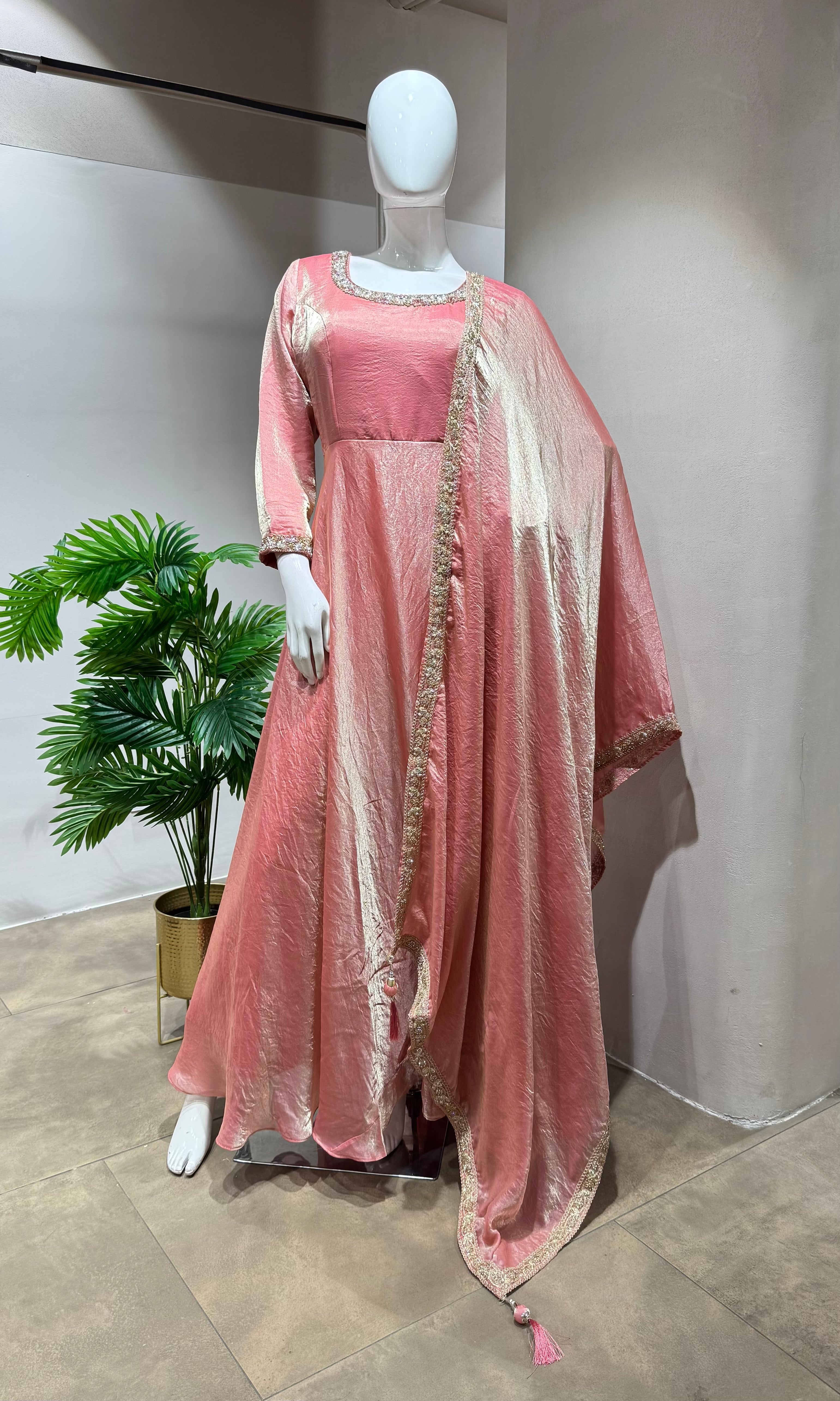 BABY PINK TISSUE CRYSTAL WORK ANARKALI
