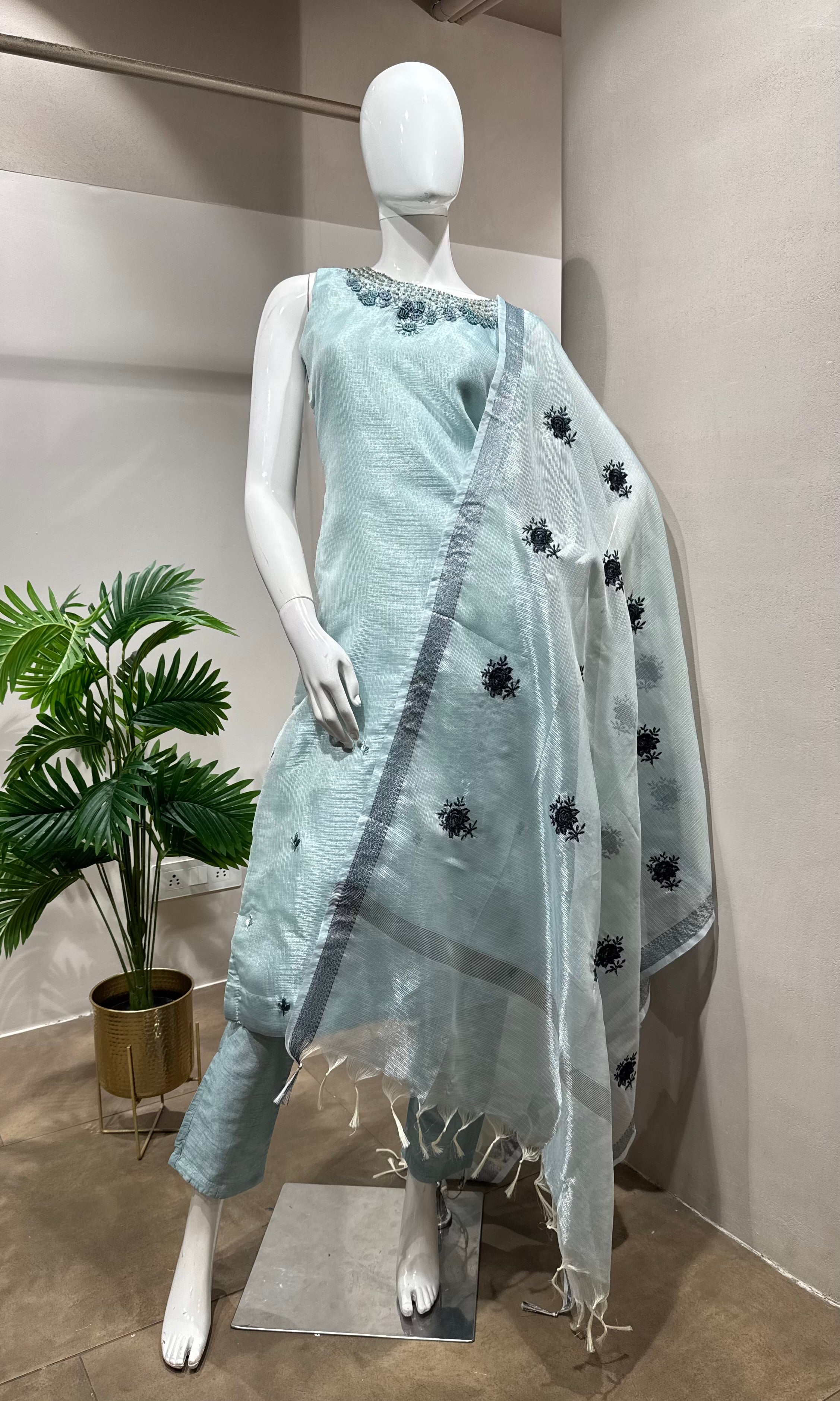 Sea Blue Kota Doria Embroidered KURTA Set