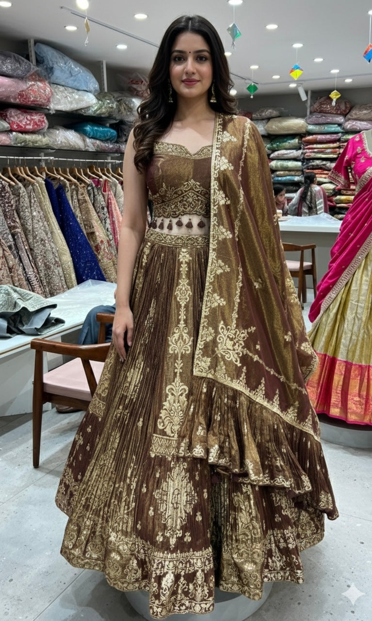 brown lehenga with gold embroidery