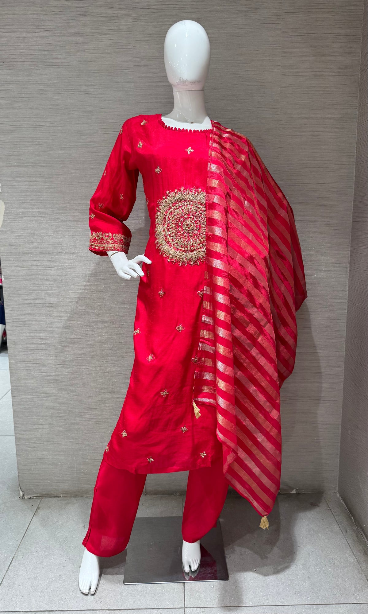 Red Elegance silk Kurta Set with Striped Dupatta