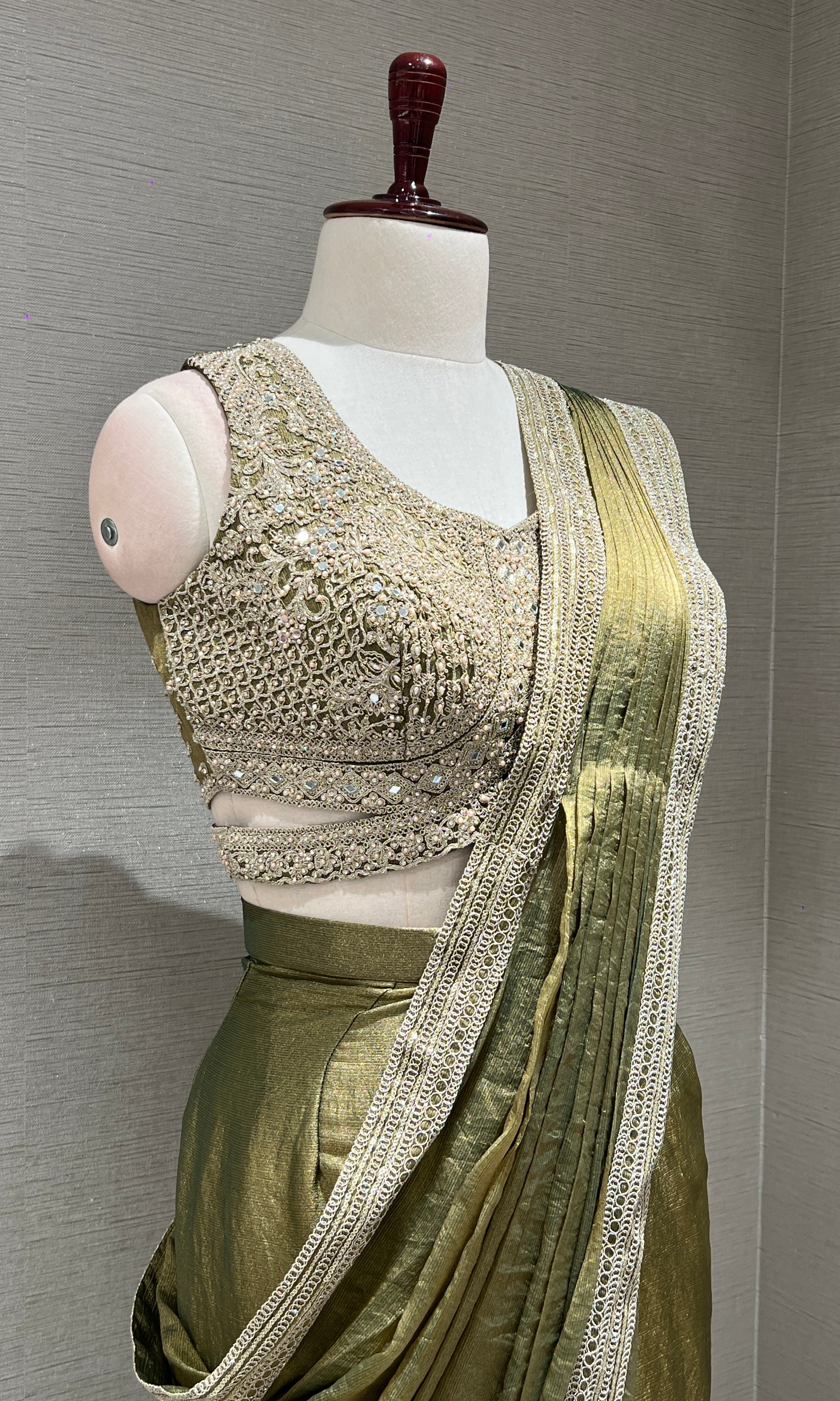 GREEN GOLD CORSET BLOUSE DRAPE SAREE