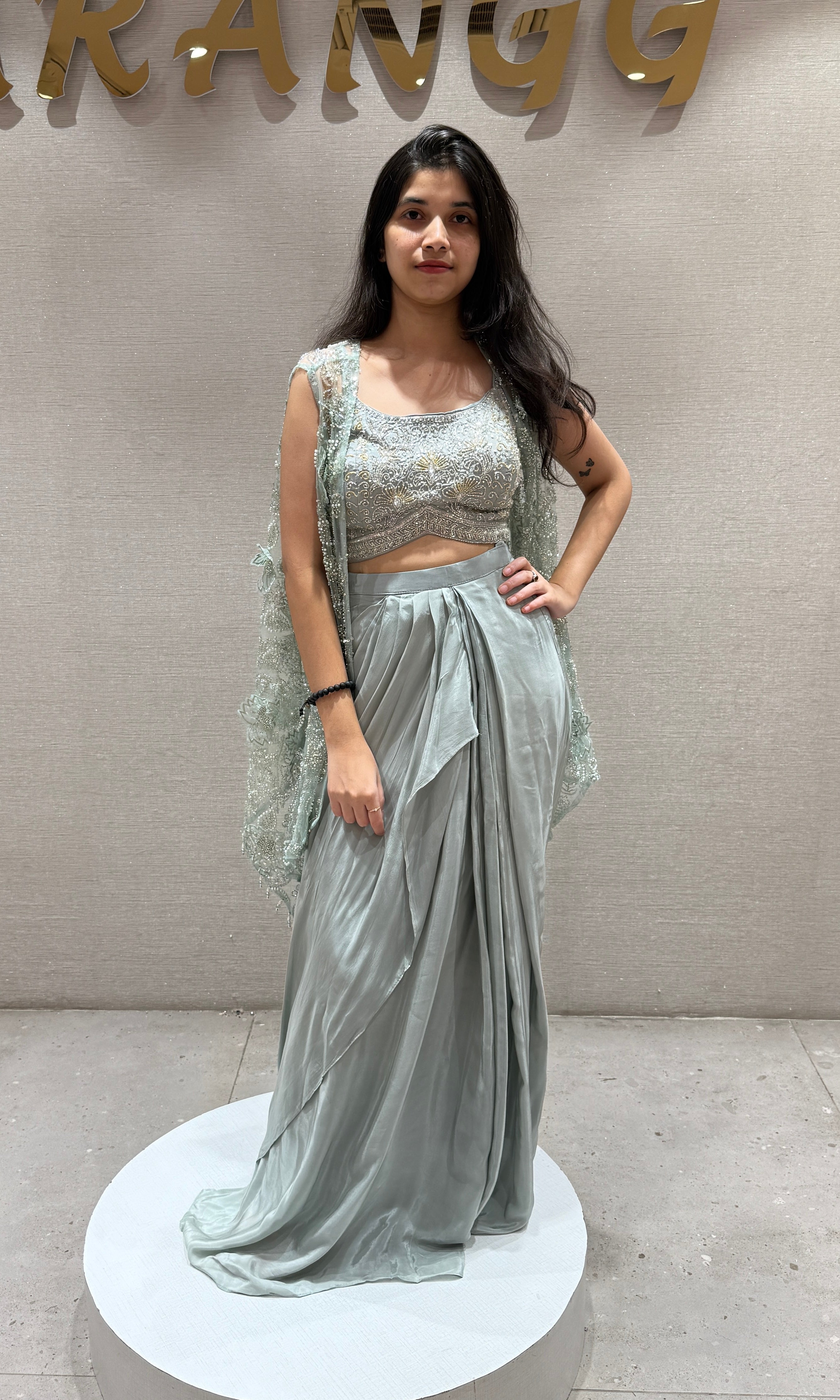 Green Elegant Draped Skirt Set with cape