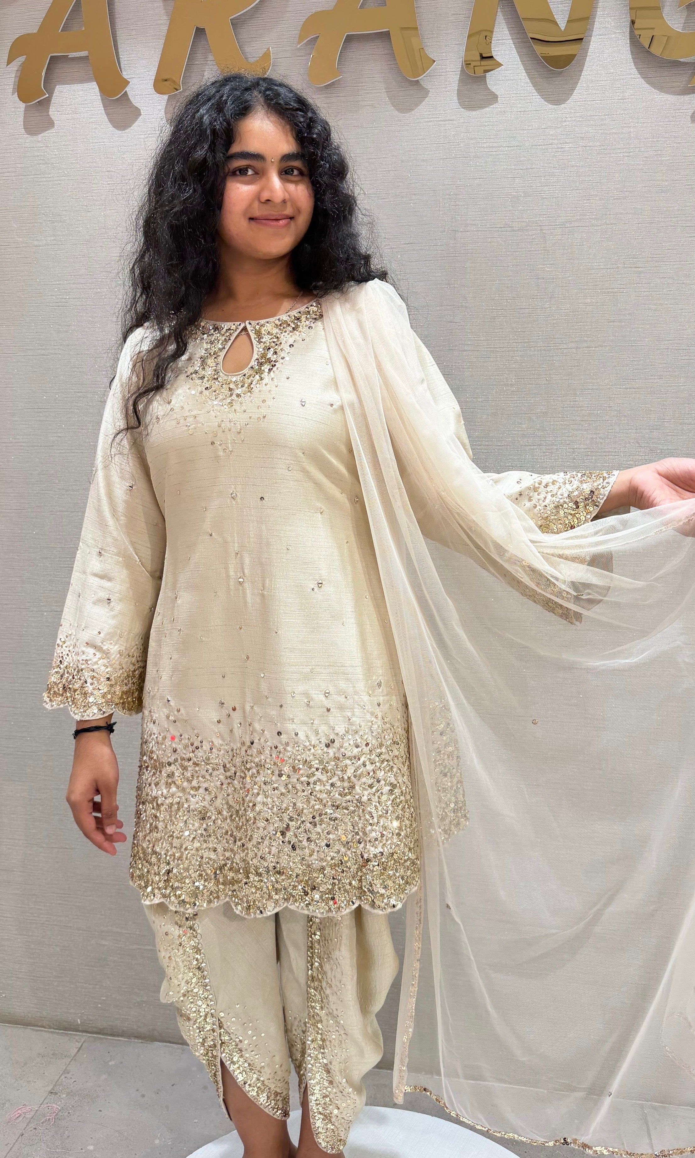 cream and gold raw silk patiala with gold detailing