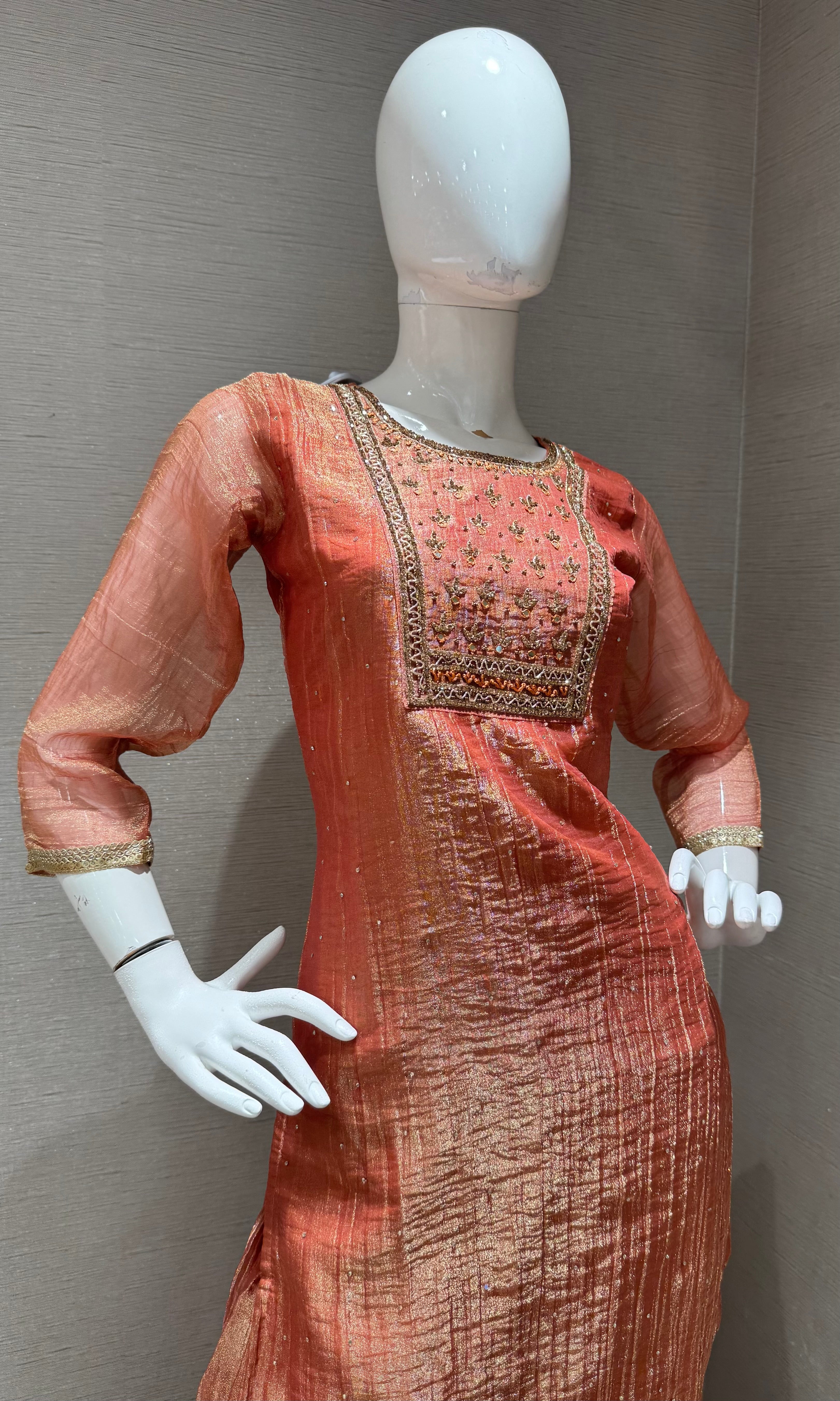 Rust Tissue silk Salwar Kurta with Palazzo pants