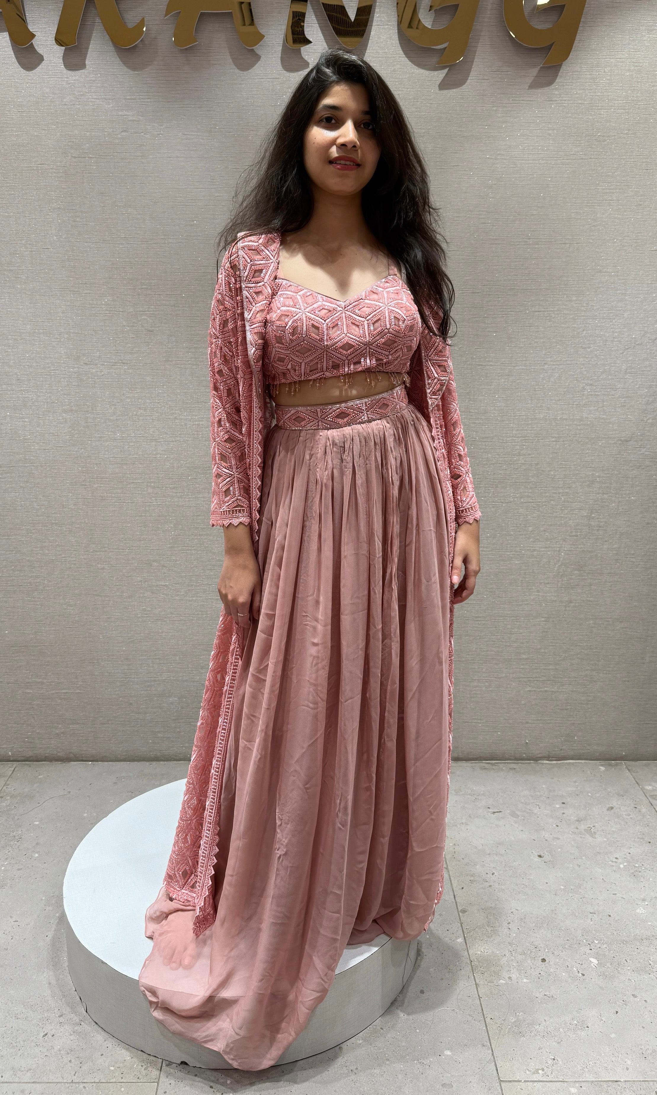 Blush Pink Garden lehenga with Long Jacket