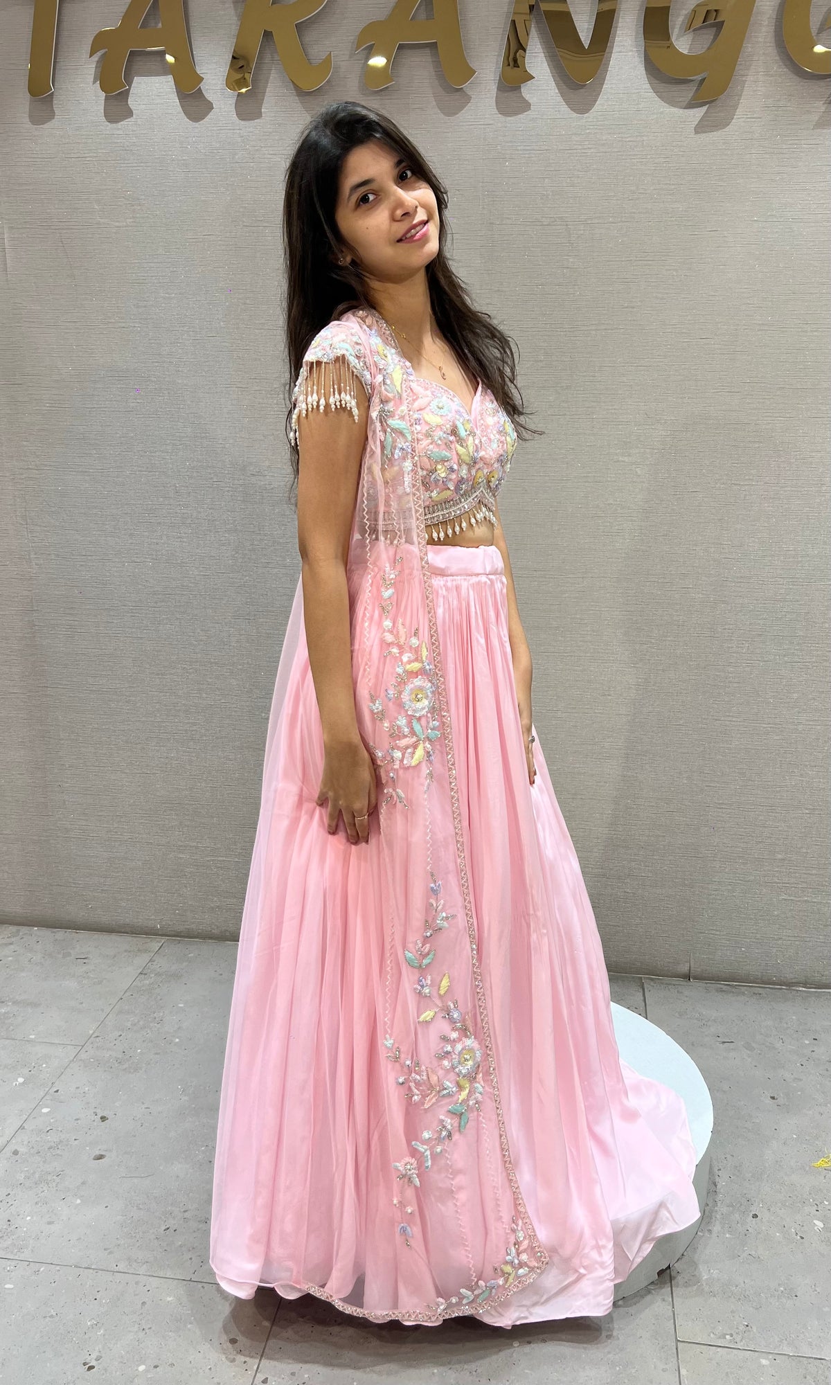 Blush Pink Floral Embroidered Crop Top Lehenga