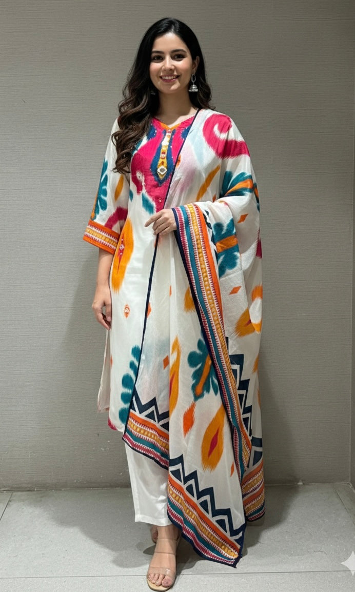 Cream multi coloured ethnic kurta set