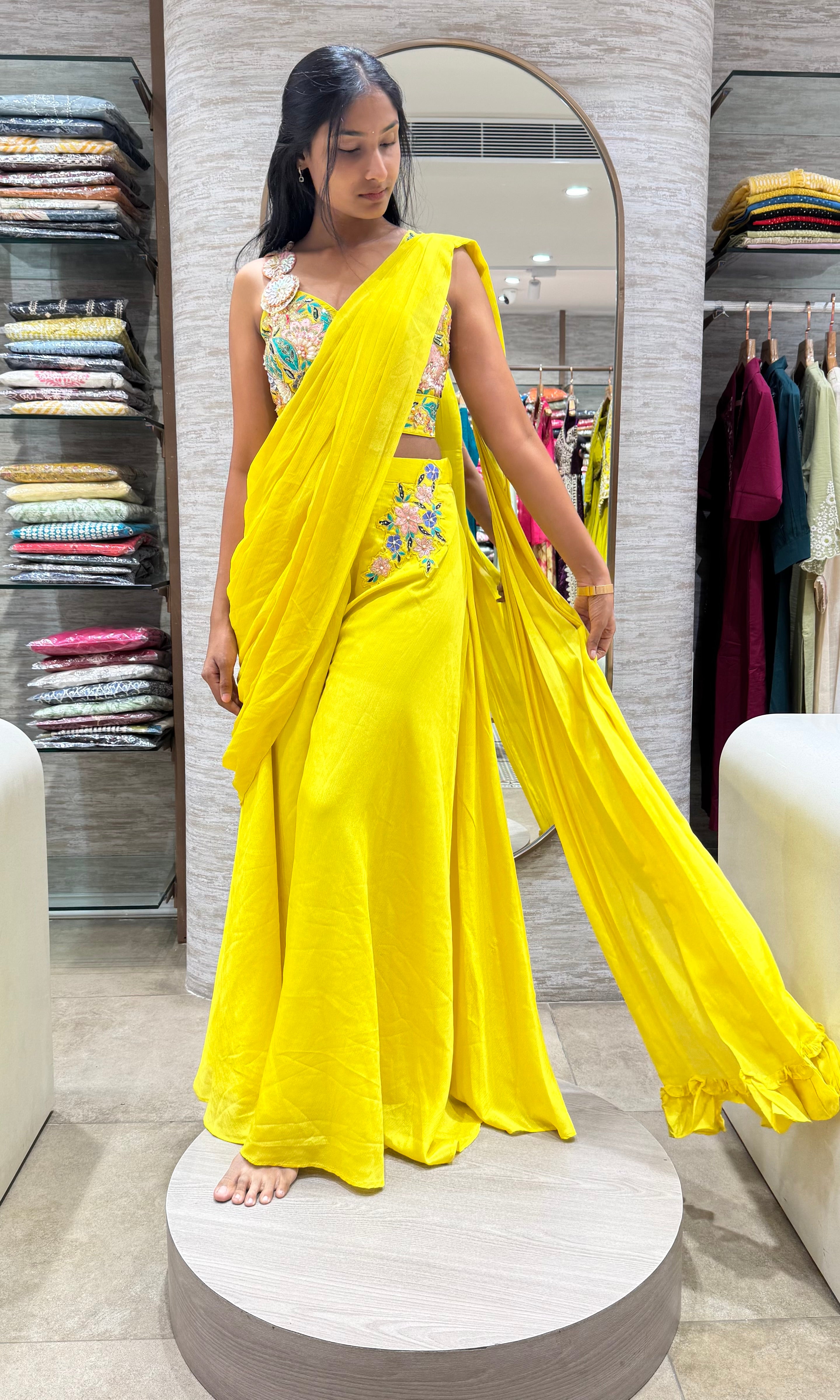 yellow intricate floral embroidery drape saree
