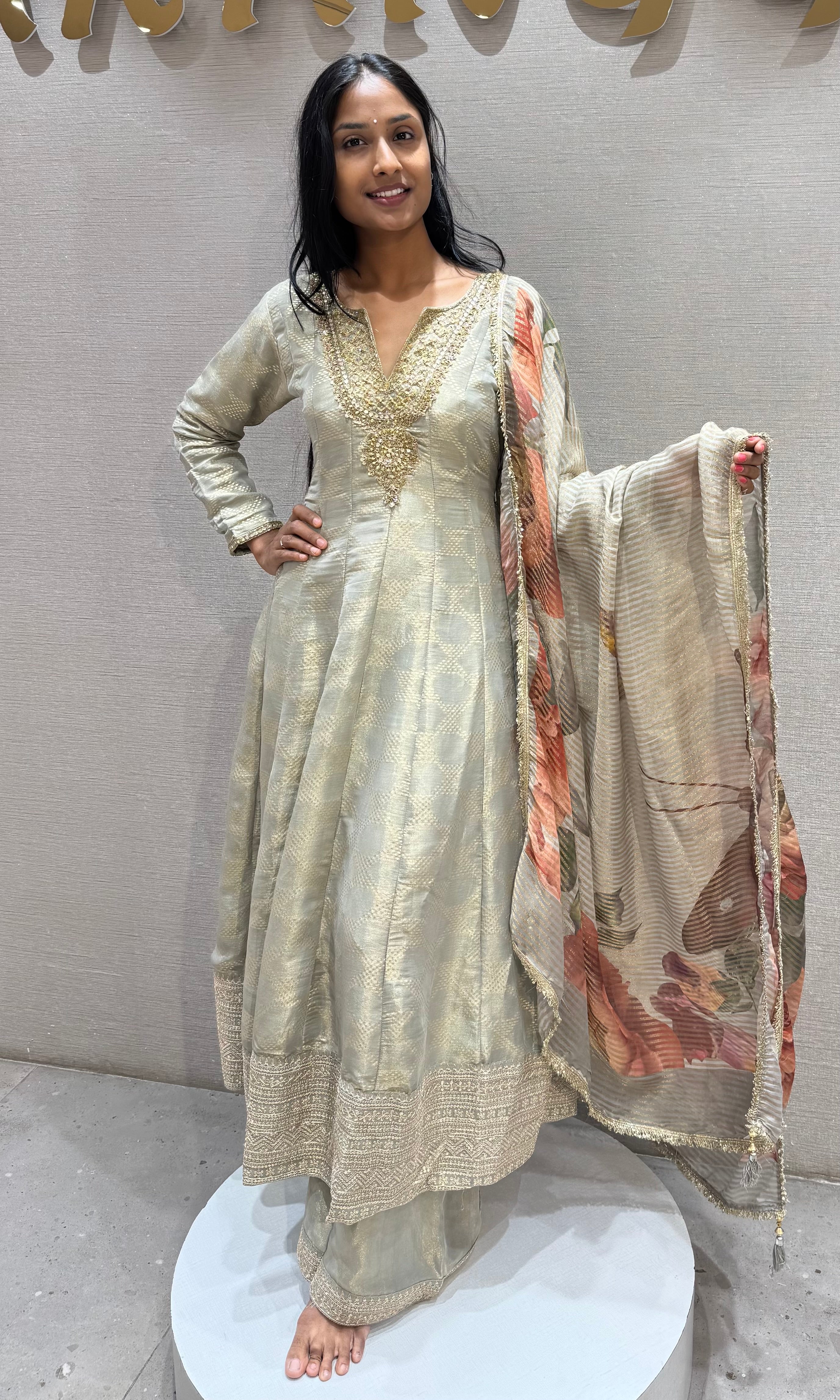 GREY Silk Anarkali Set with Floral Dupatta