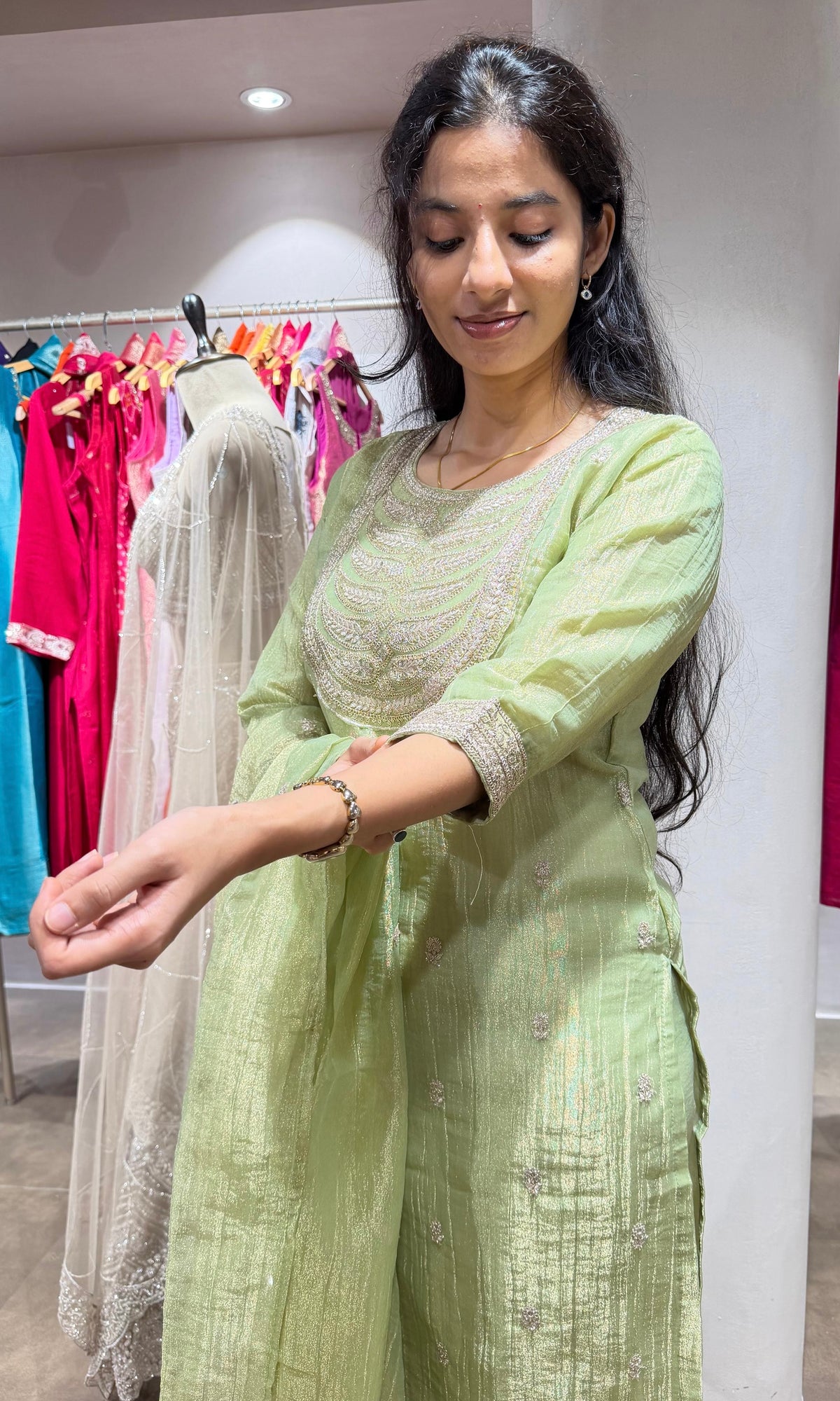 Green Shimmer tissue kurta set with Gold Embroidery