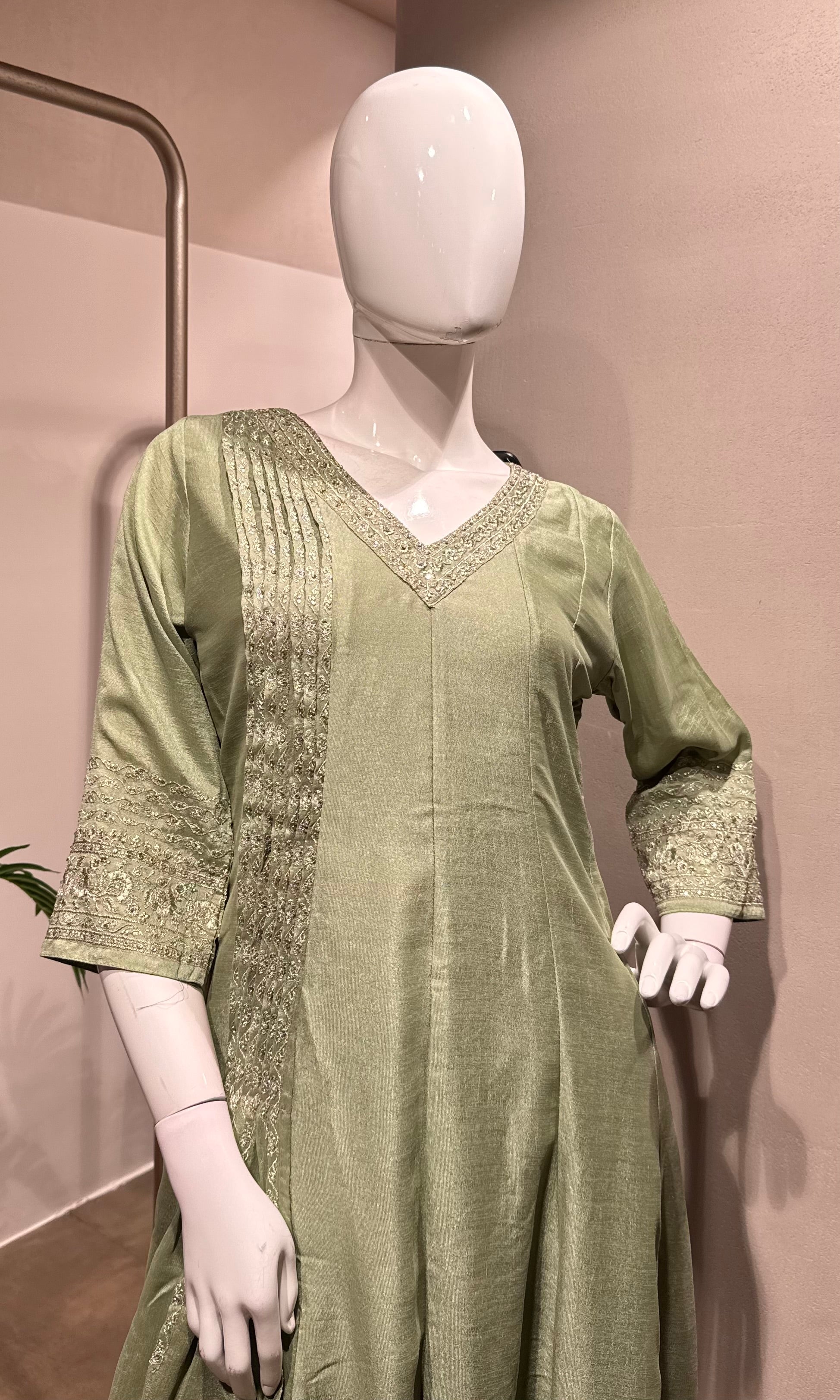 Pista Green Silk Blend Anarkali Ensemble