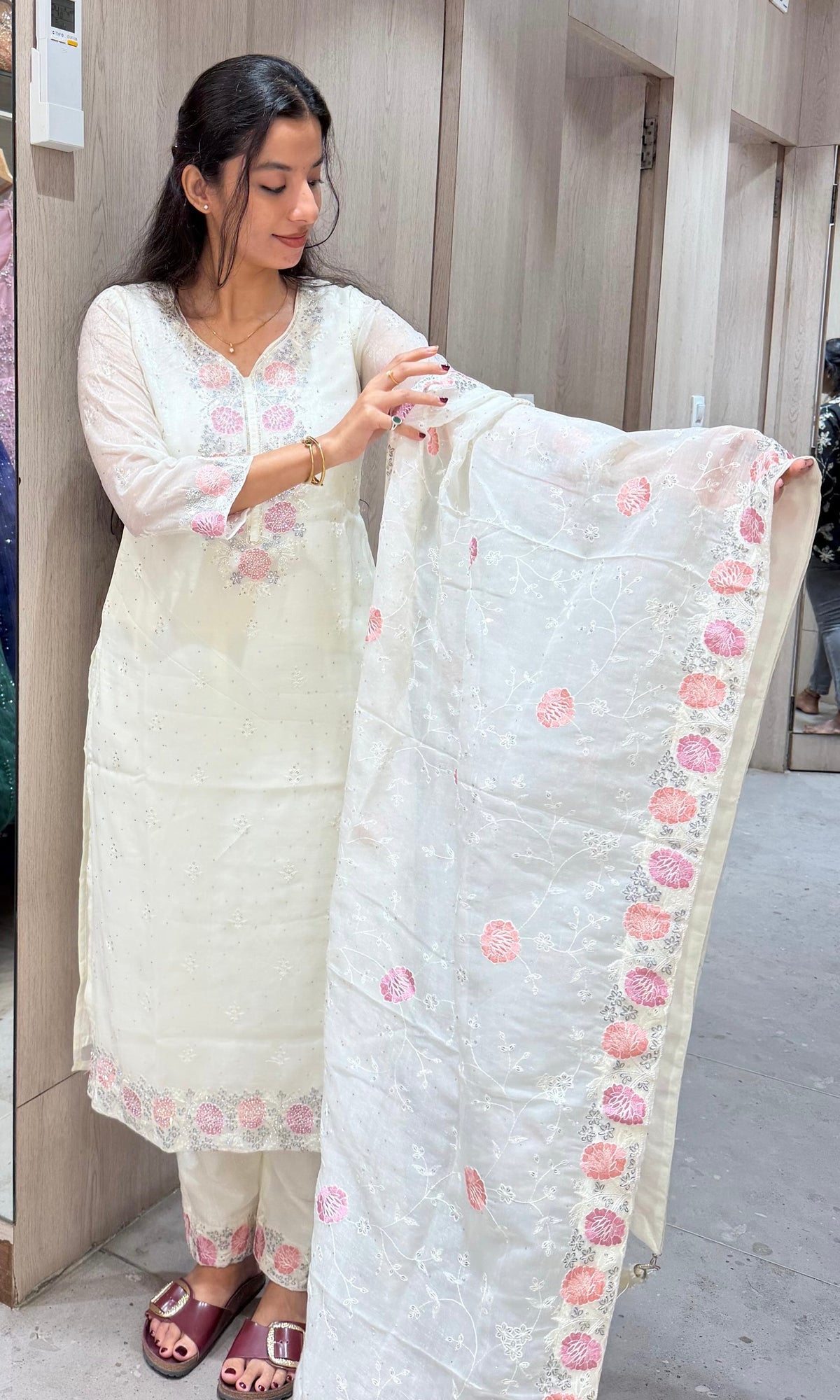 White Floral Cotton Ethnic Kurta set with Dupatta