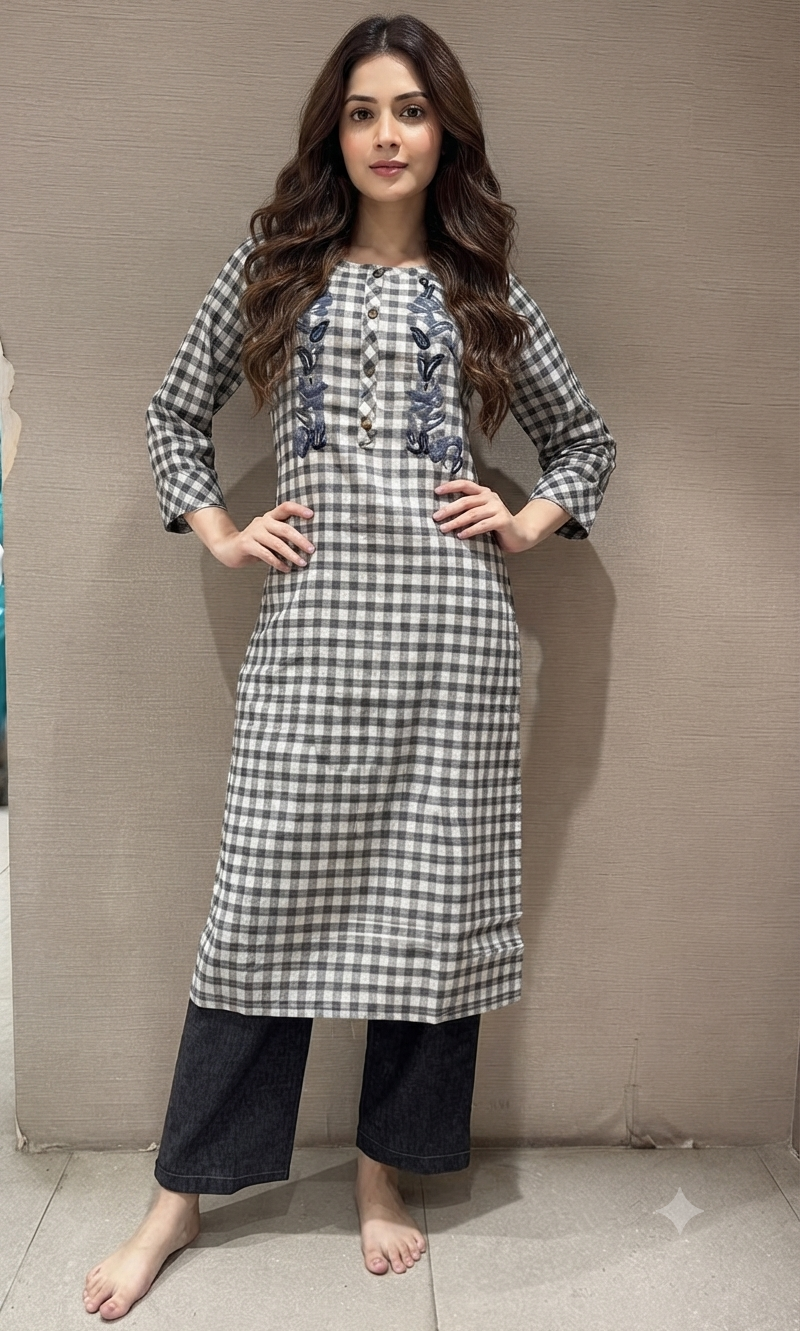 Grey and White Gingham Square Neck Tunic top bottom