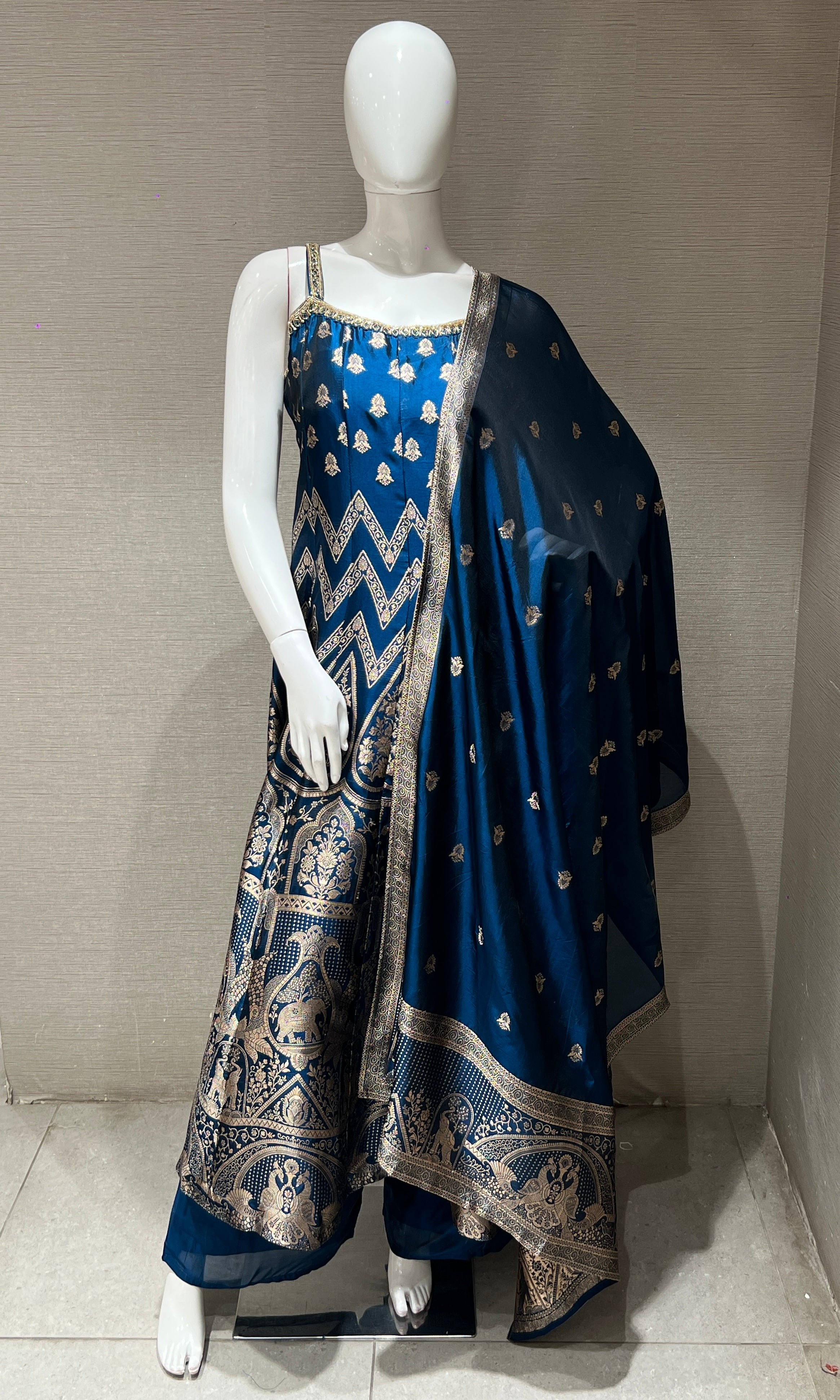 Peacock Blue Anarkali with Gold Print embroidery