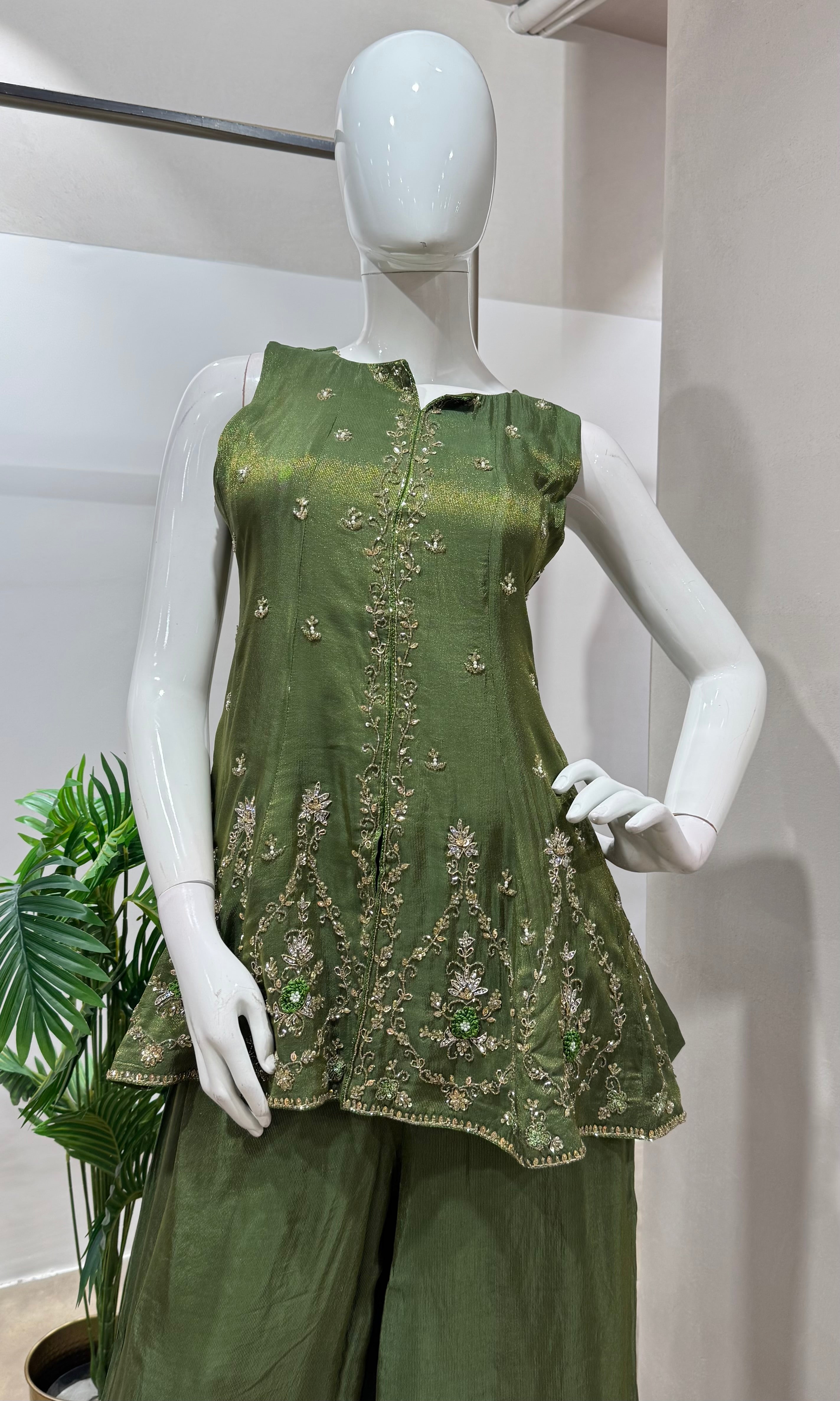 Green gold embroidered palazzo set