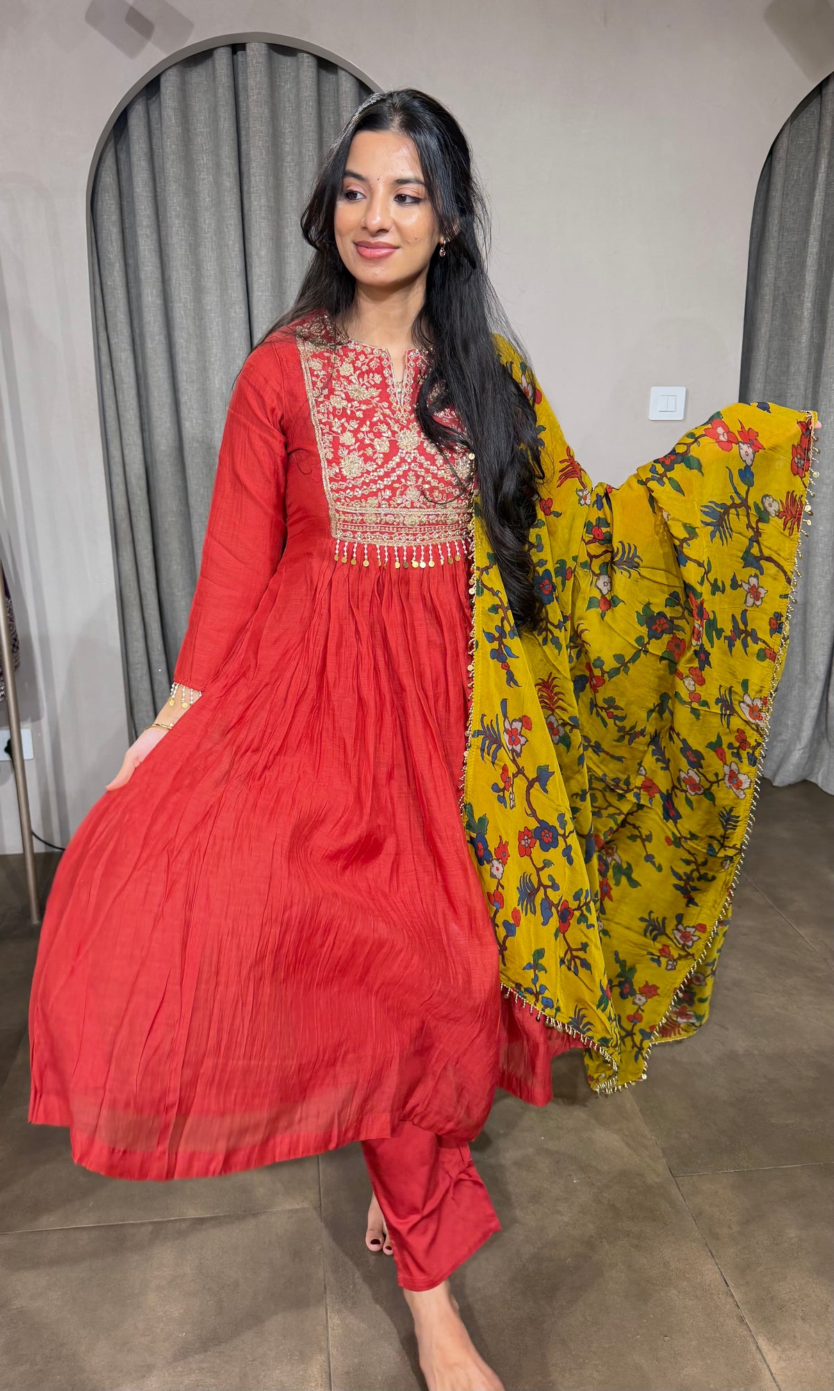 Red Mul Chanderi Kurta Set with Floral Mustard Dupatta