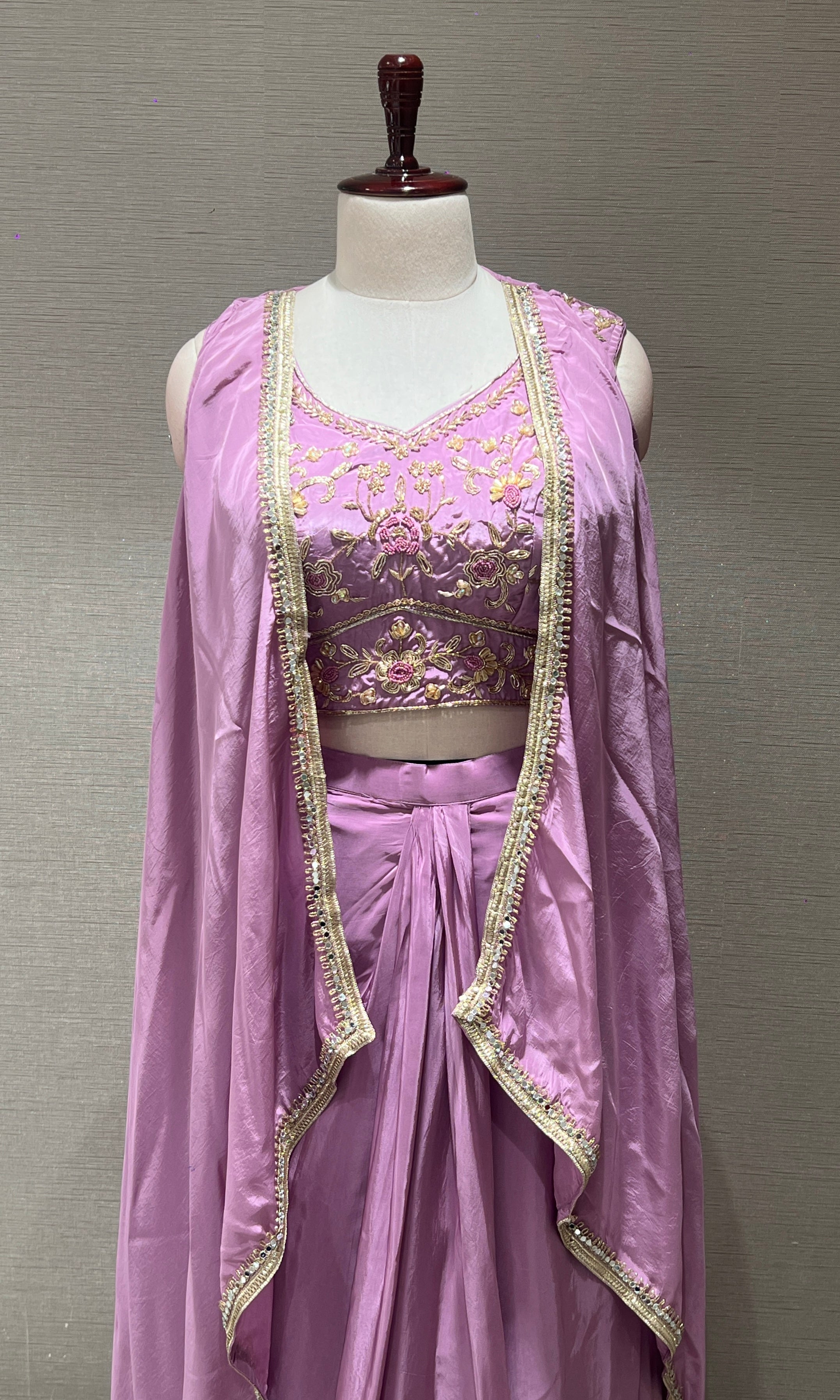 Lilac cape skirt with embroidered indo western dress