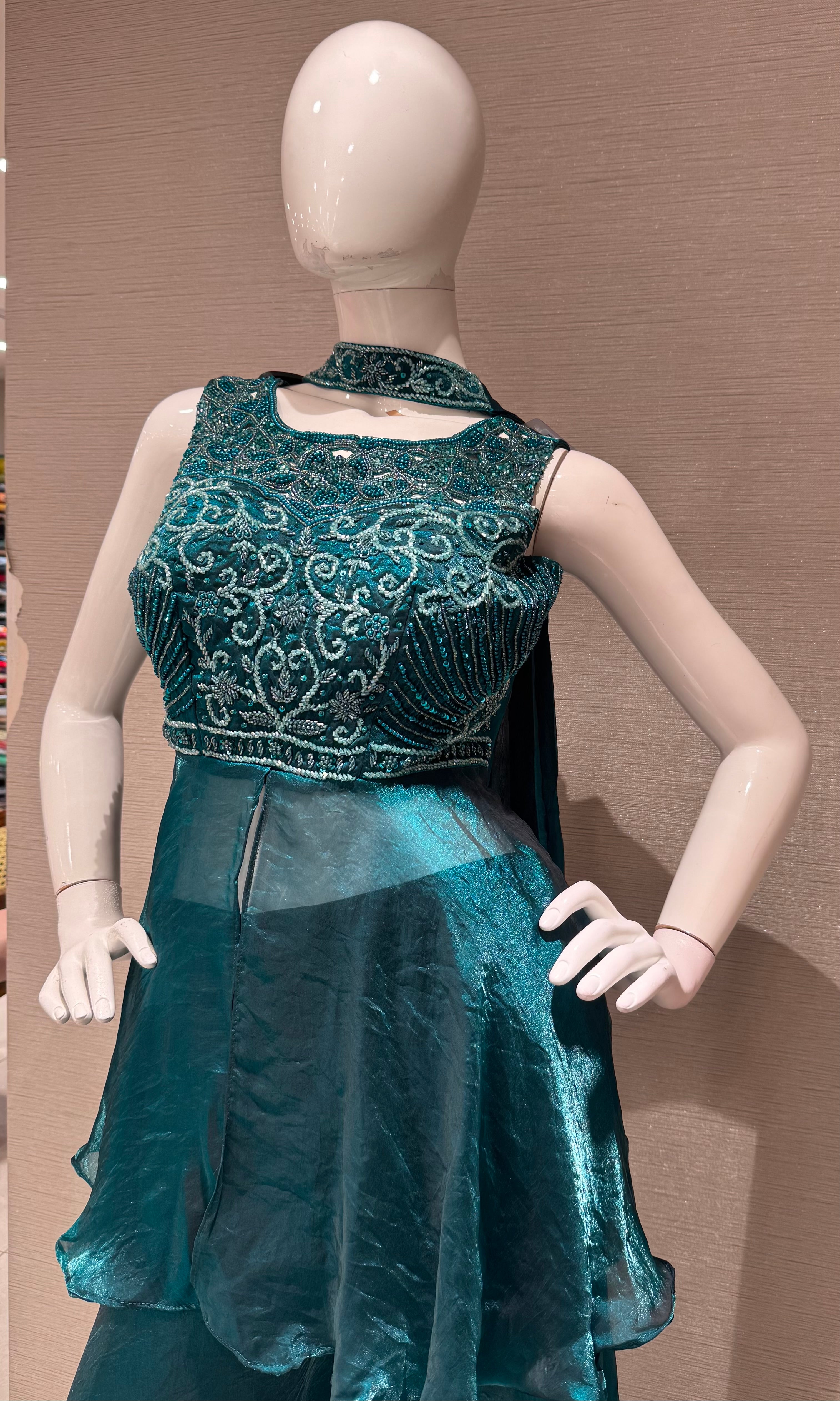 Green Embellished Peplum Palazzo set
