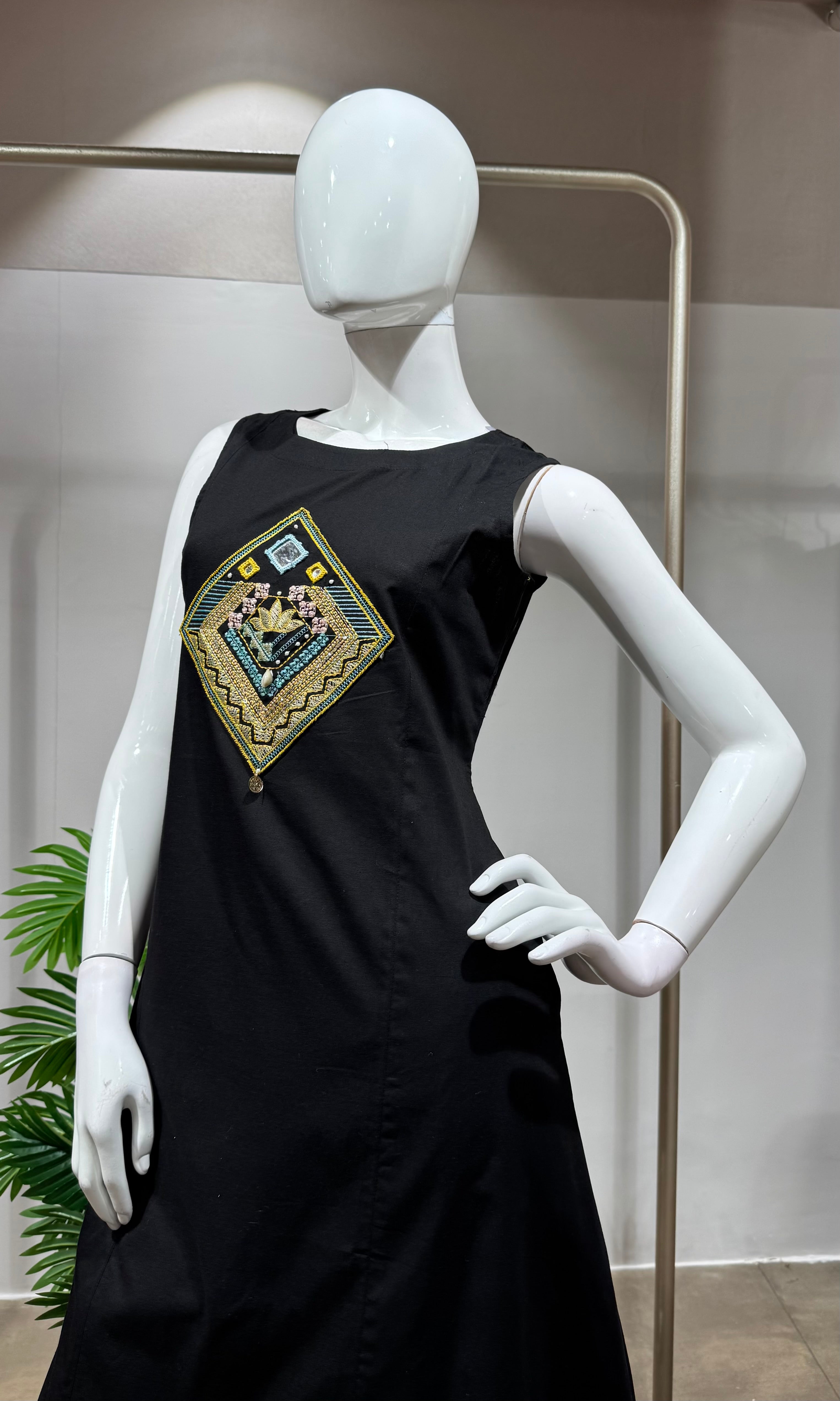 Black Sleeveless Kurta with Embroidered Yoke