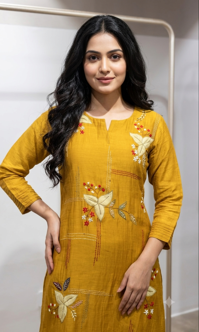Mustard Elegant Muslin Pleated Chanderi Kurta Set