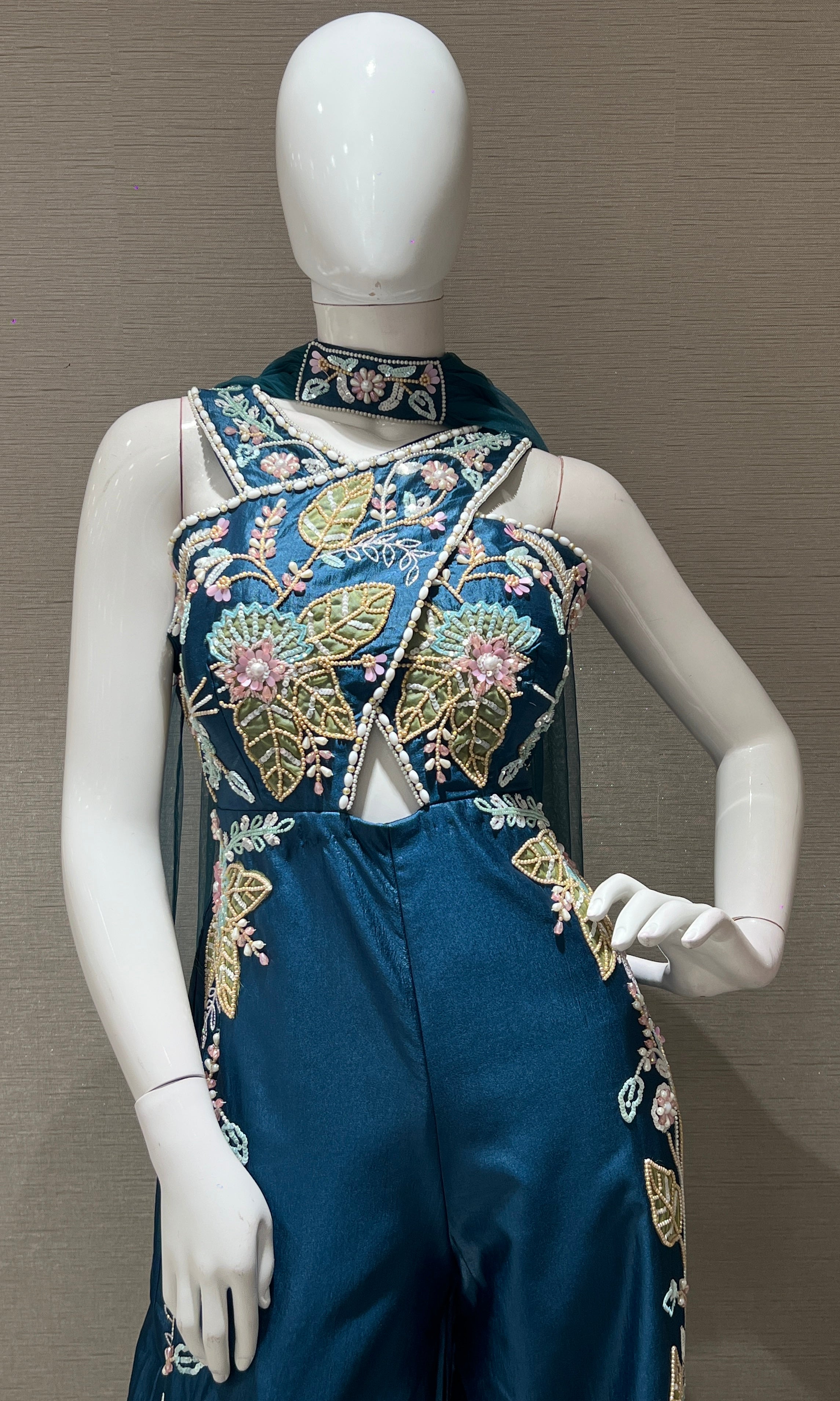 Teal blue Halter embellished jumpsuit