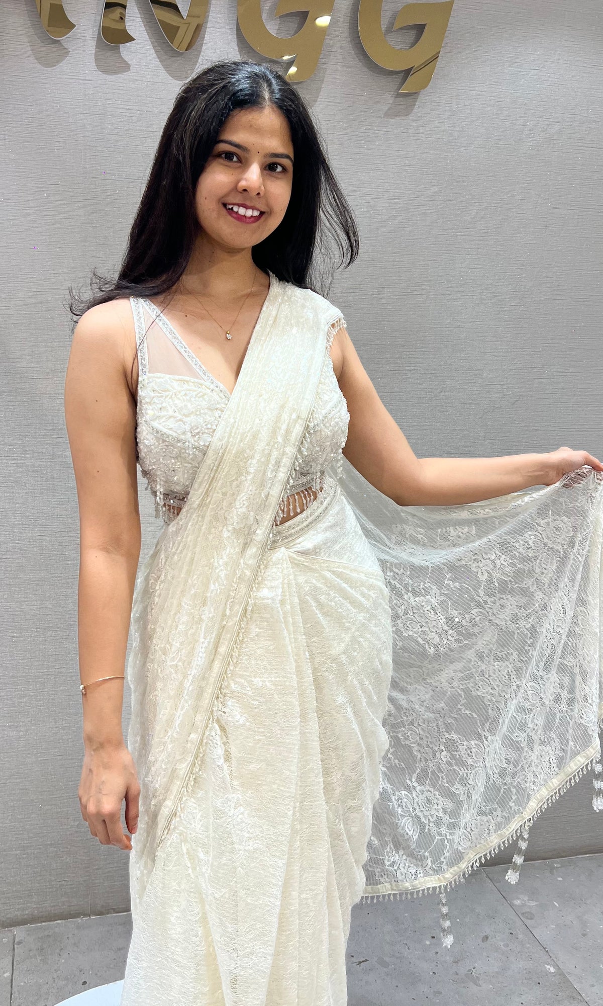 Cream Lace Tissue net Drape Saree with Blouse