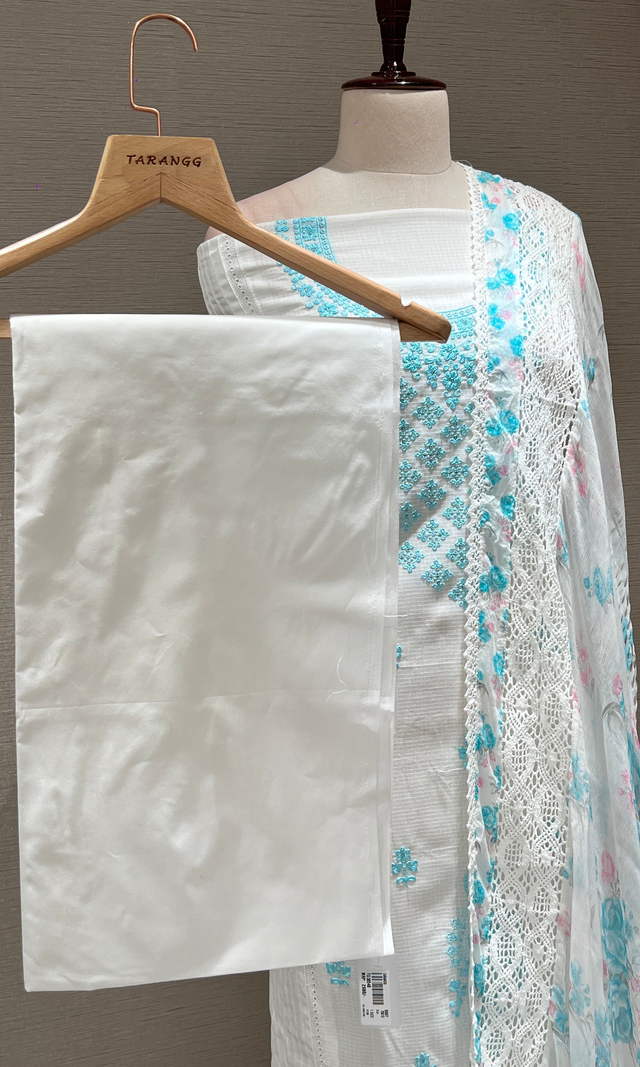 WHITE AND Blue FLORAL dress material