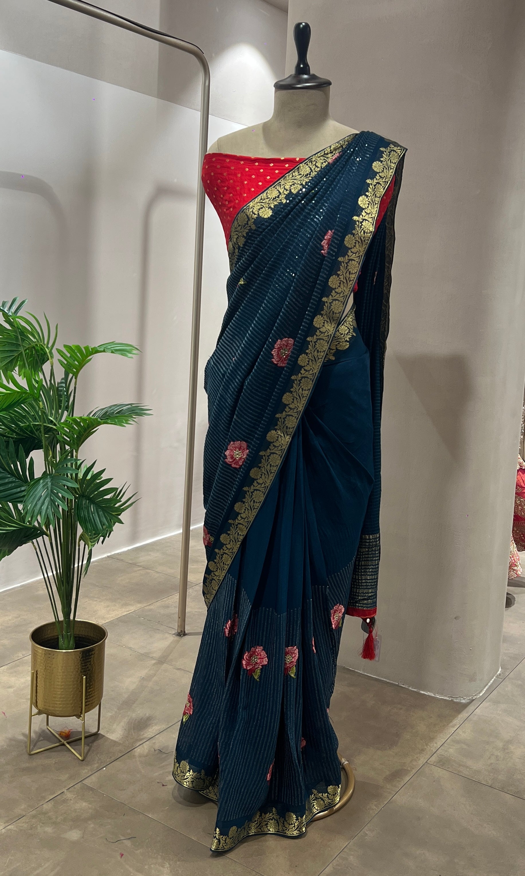 PEACOCK BLUE FLORAL FANCY SAREE