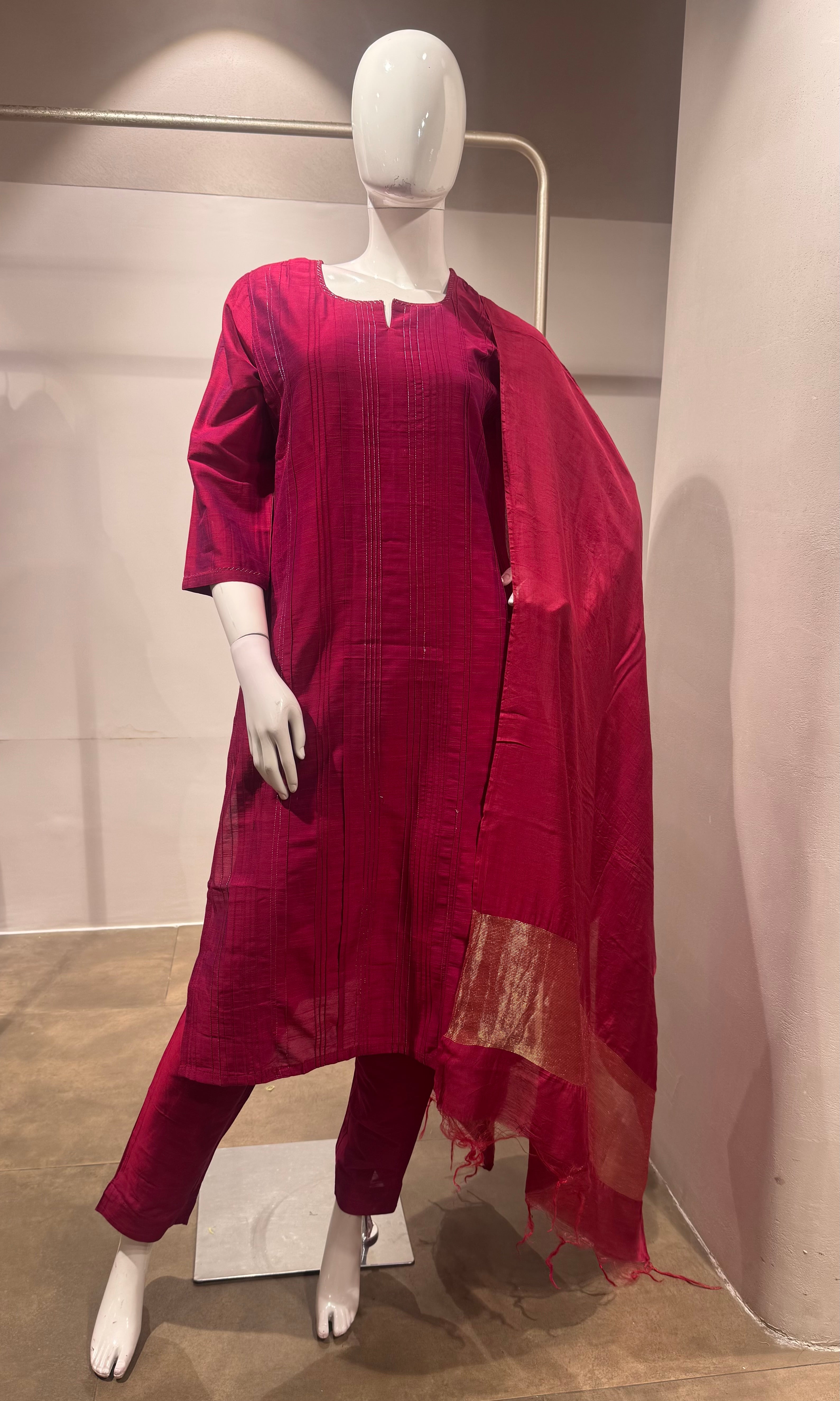 Magenta Pink Designer Raw Silk Kurta Pant Set