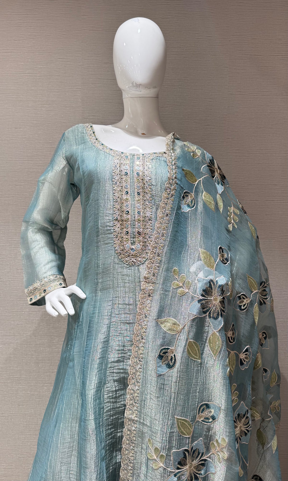blue embroidered Tissue anarkali Set with floral dupatta