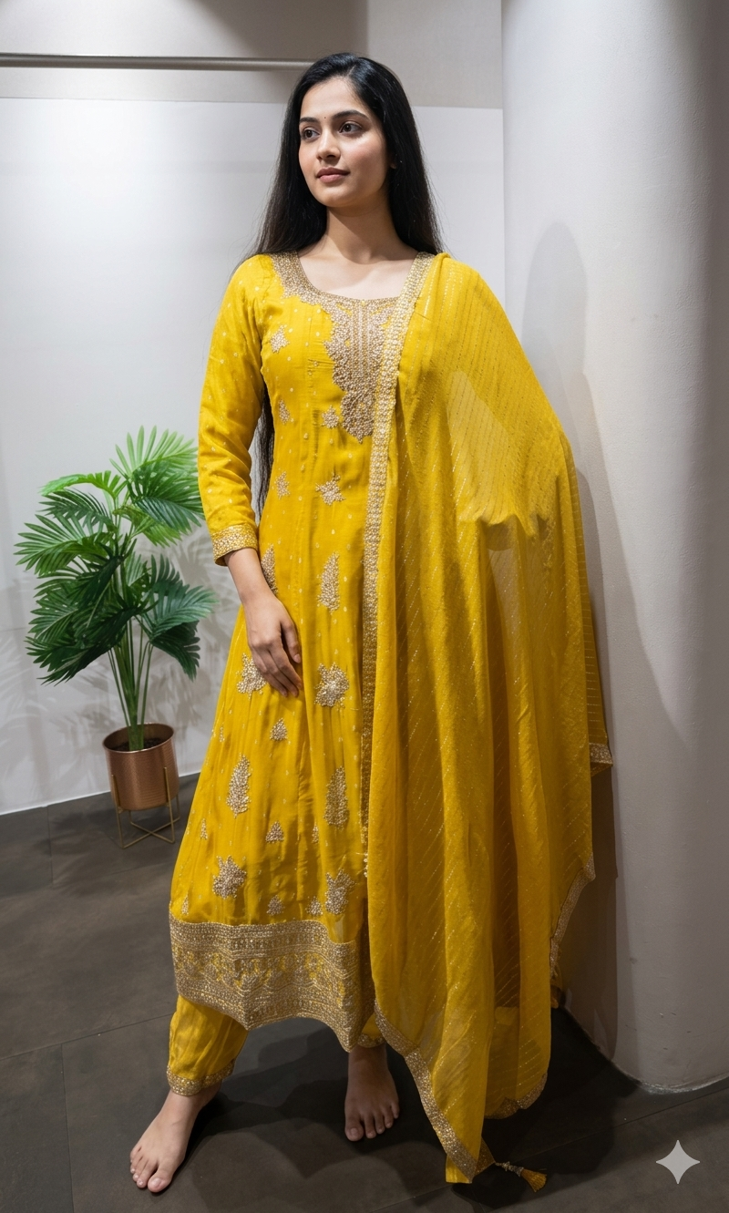 YELLOW GOLDEN EMBROIDERY ANARKALI SET