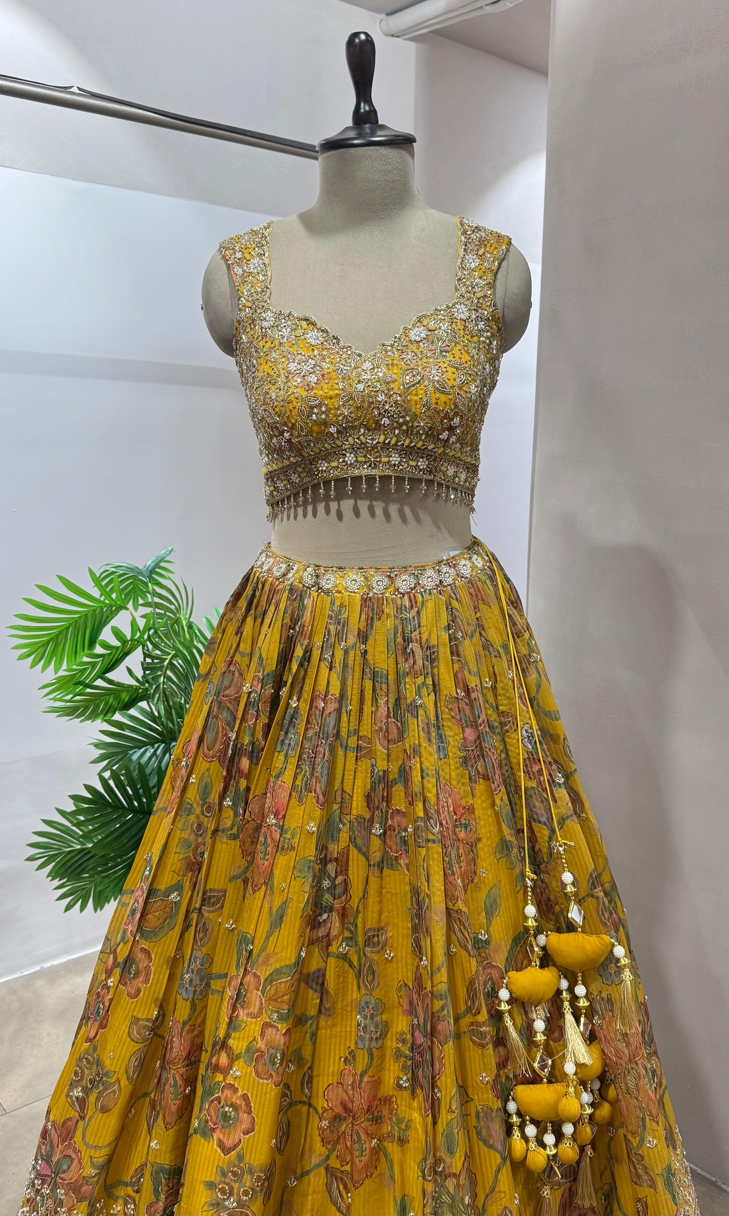 Mustard floral embroidery Lehenga