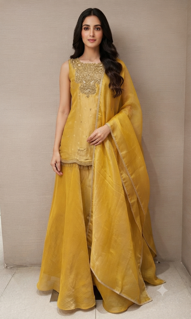 Mustard Gold Tissue silk Embroidered Sharara Set