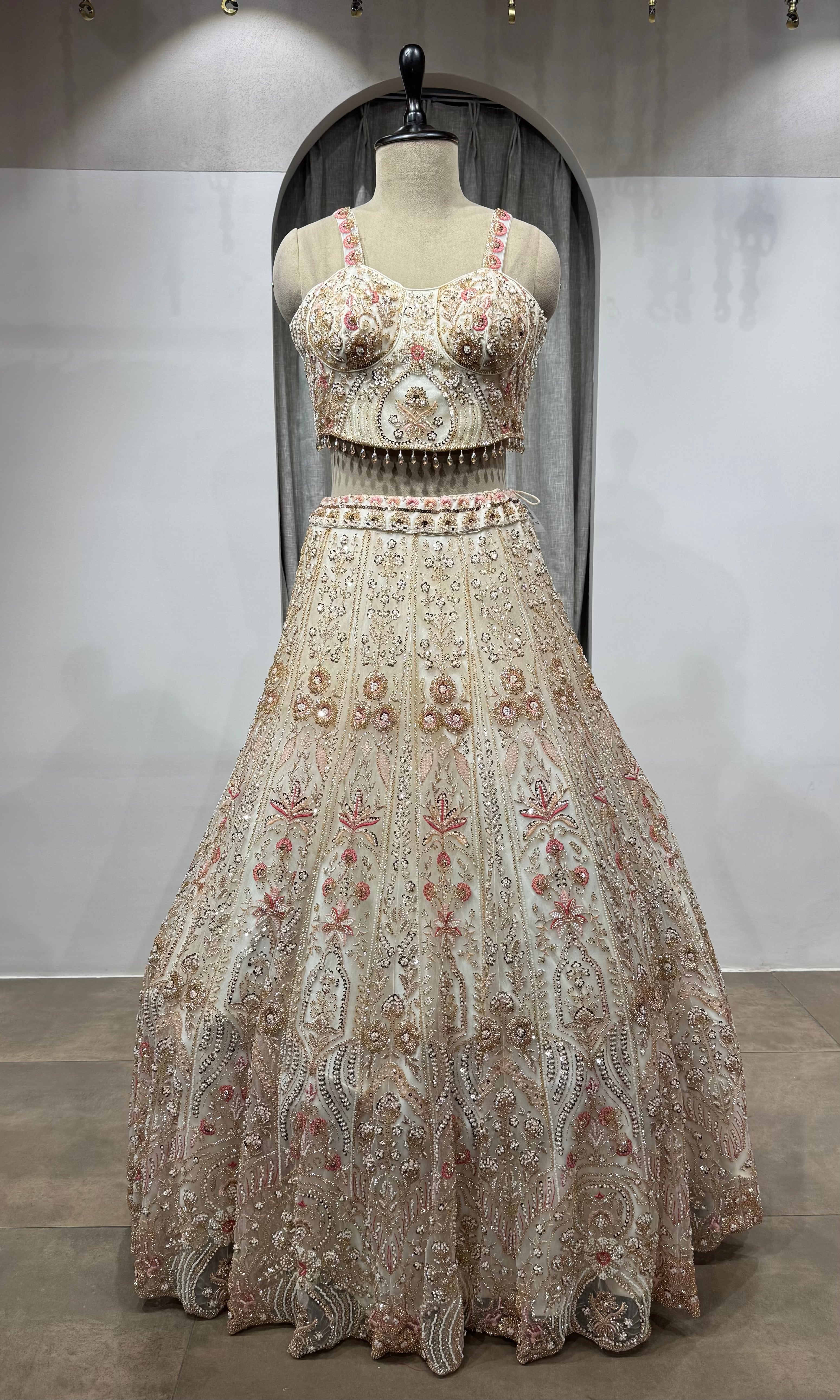 CREAM golden intricate embroidered lehenga