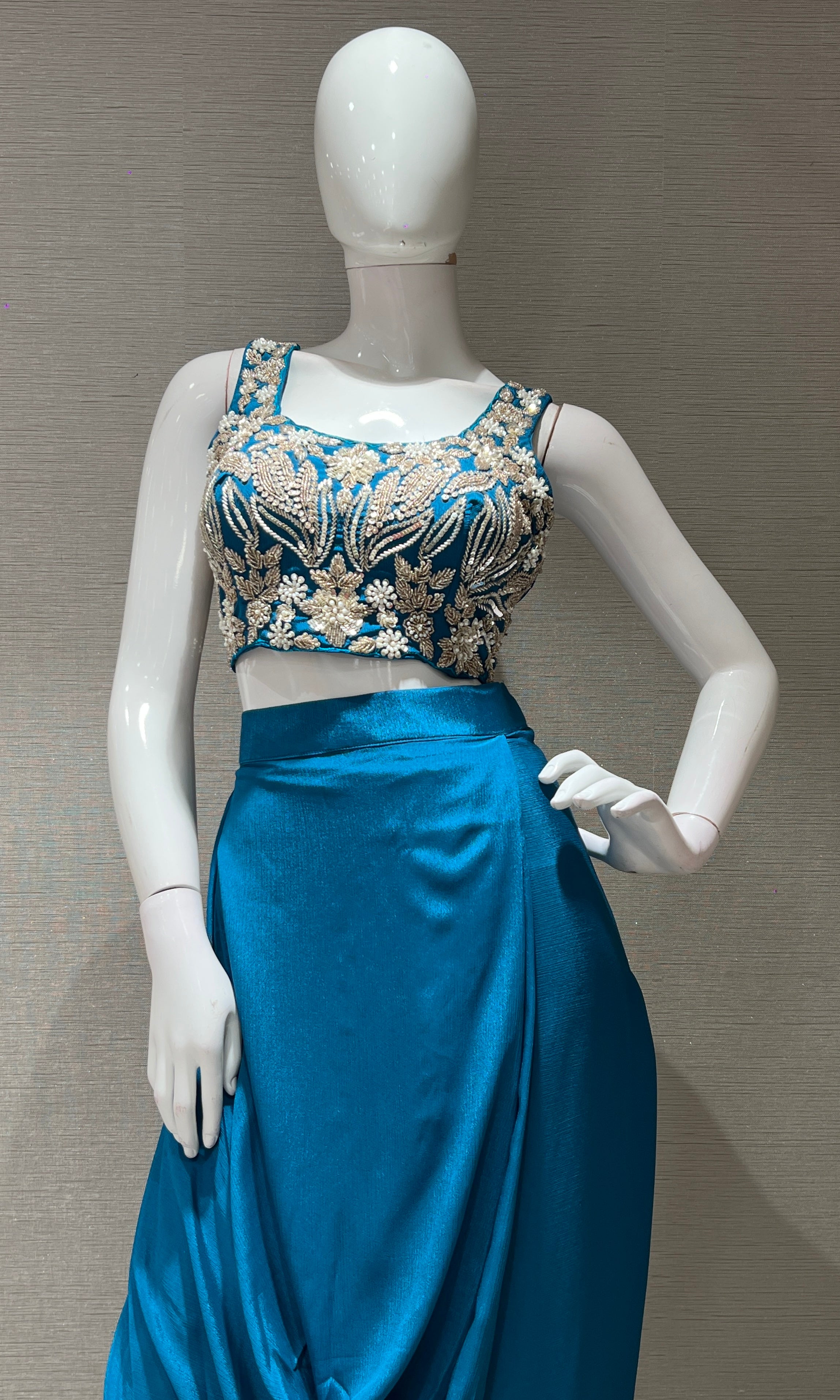 RAMA BLUE EMBROIDERED BLOUSE WITH DRAPE SKIRT