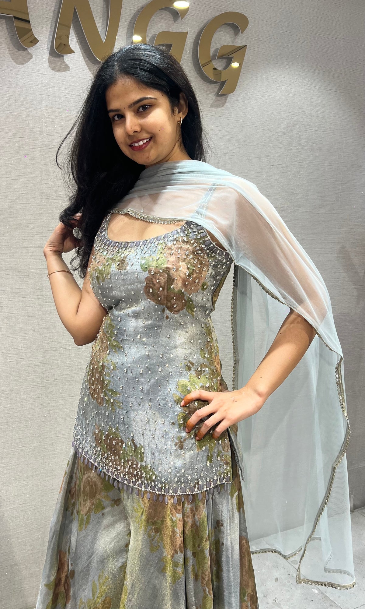 Light Blue silk Floral Printed Sharara set with Sheer Dupatta