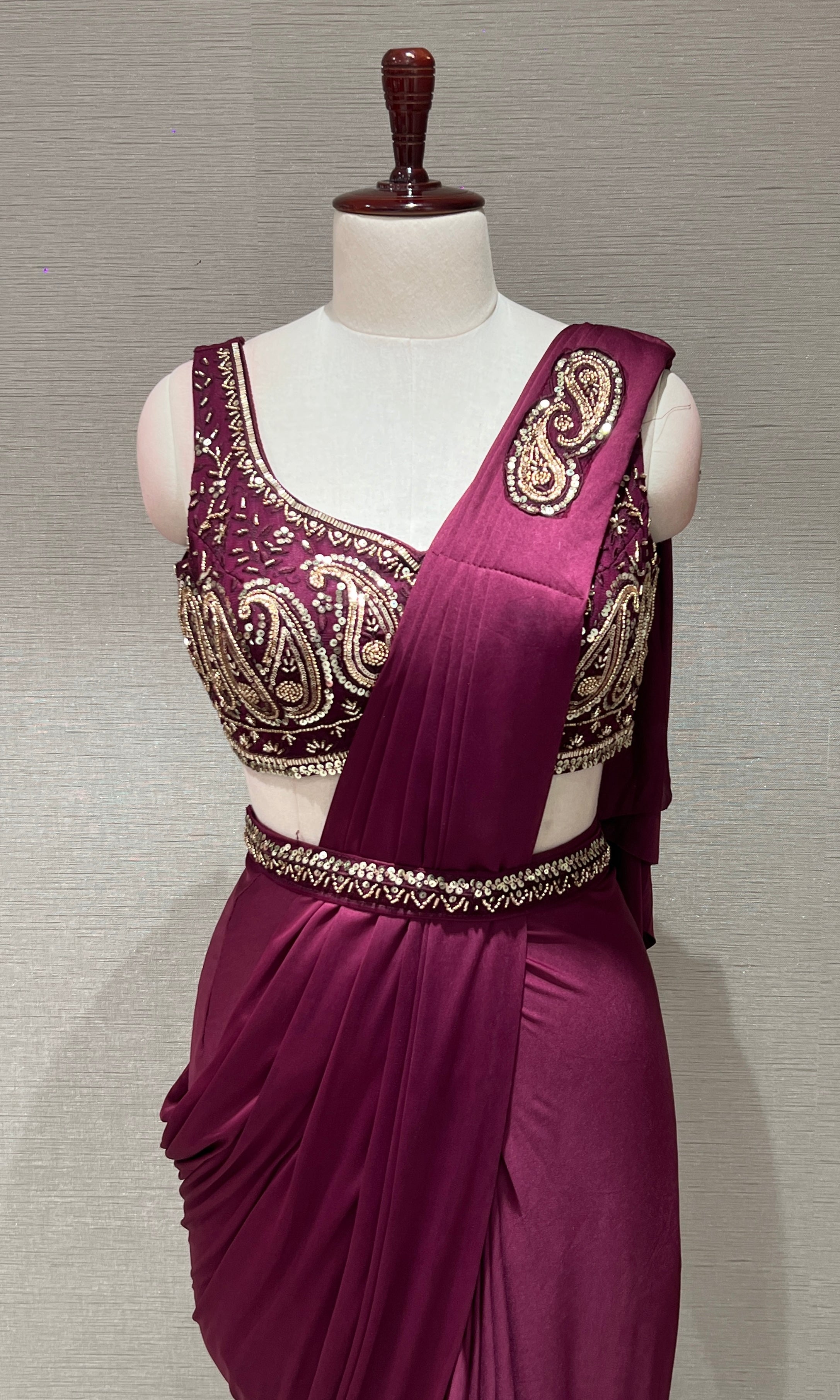 WINE Embellished Drape Saree WITH BLOUSE & BELT