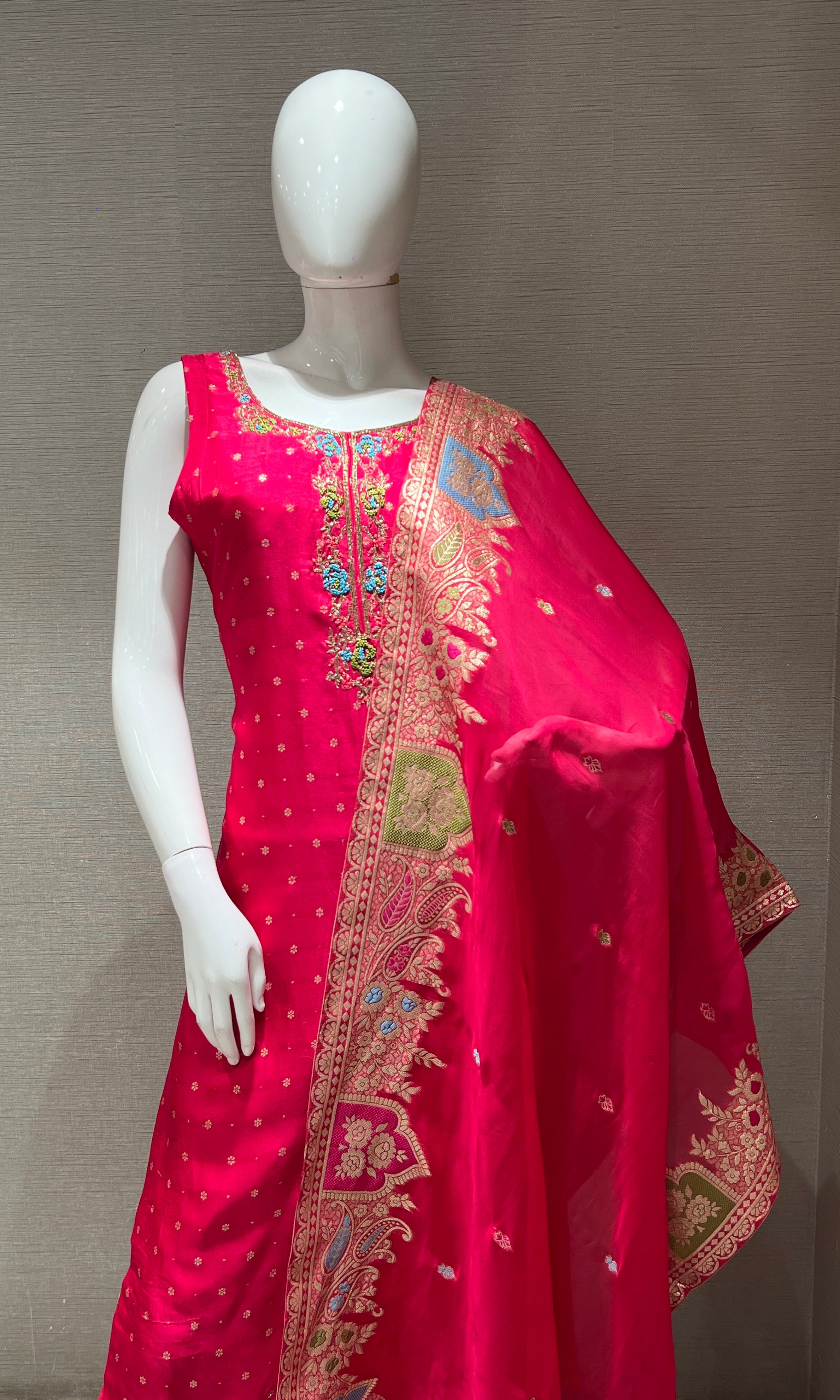 pink embroidered kurta set with Banarasi dupatta