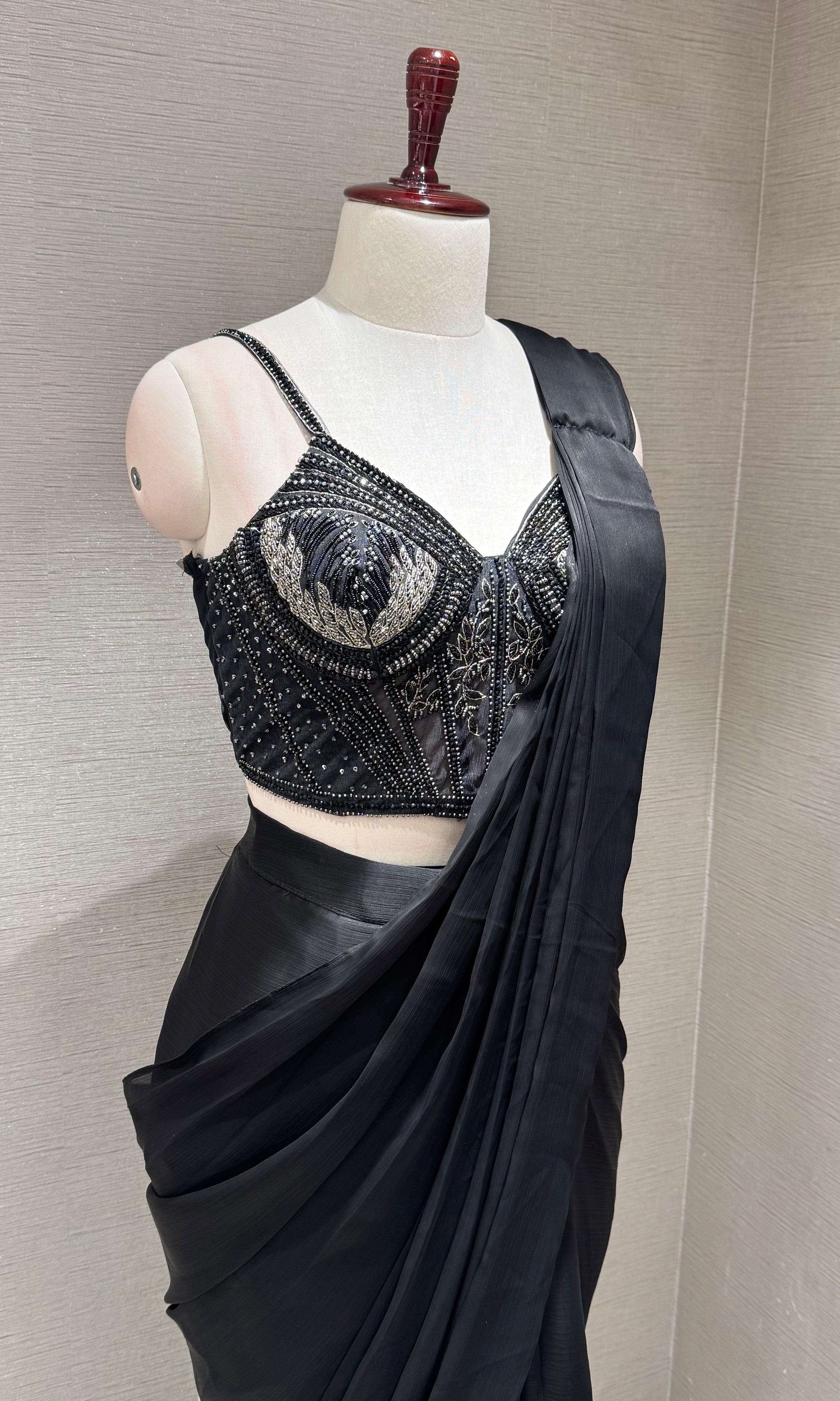 Black Draped Saree with Corset Silver Blouse