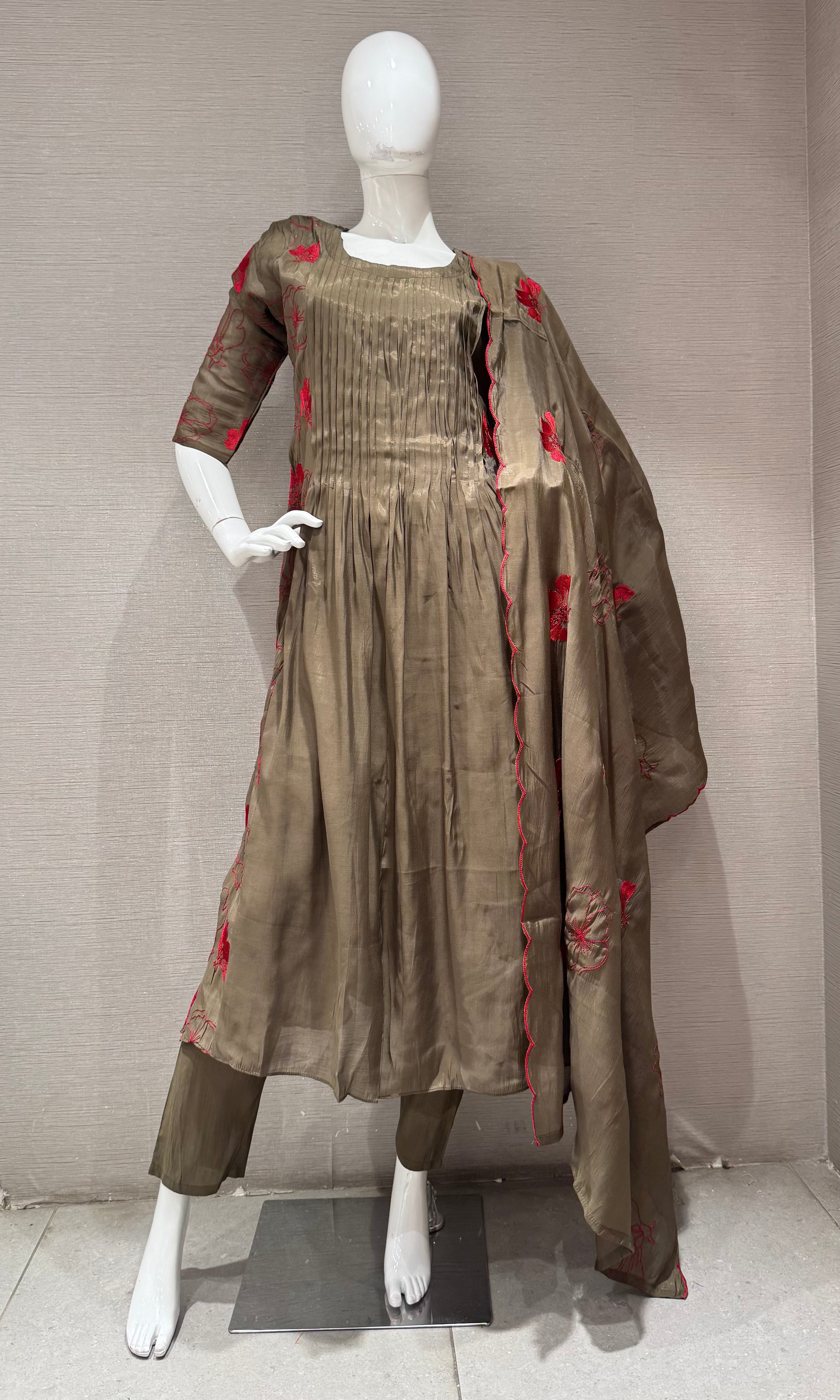Olive green Embroidered Mul Cotton Kurta Set