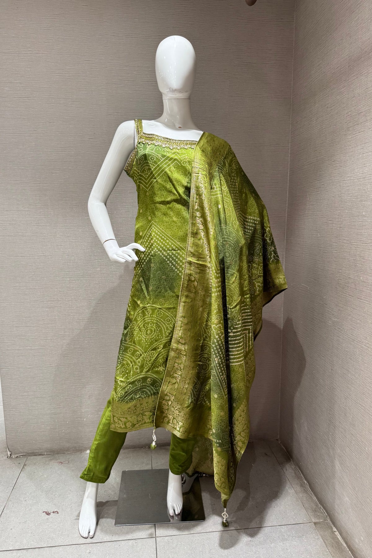 Olive Green Banarasi Silk kurta set with dupatta