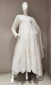 White Floral Block Print anarkali Set with Dupatta